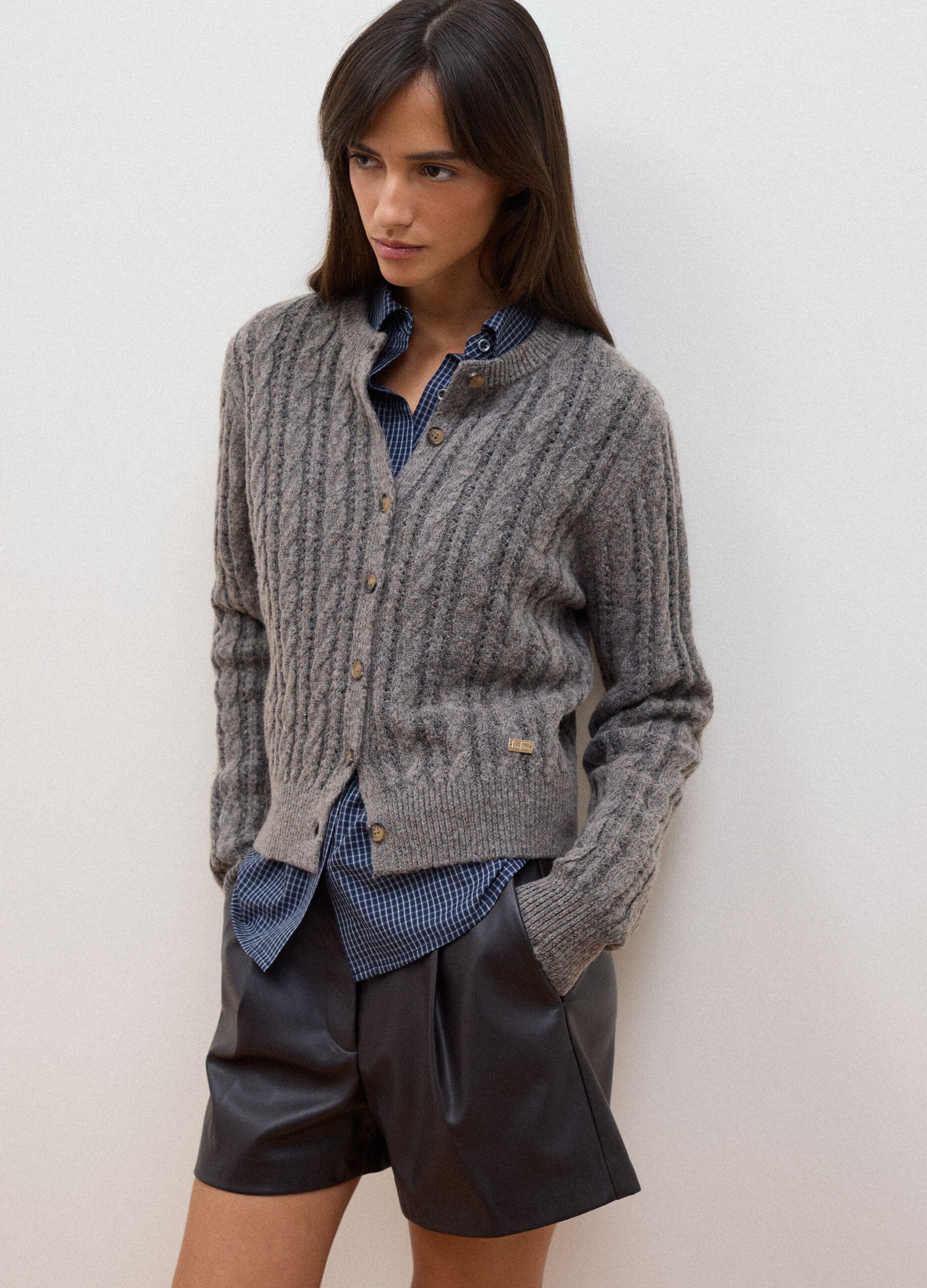 Grey cable-knit wool-blend cardigan