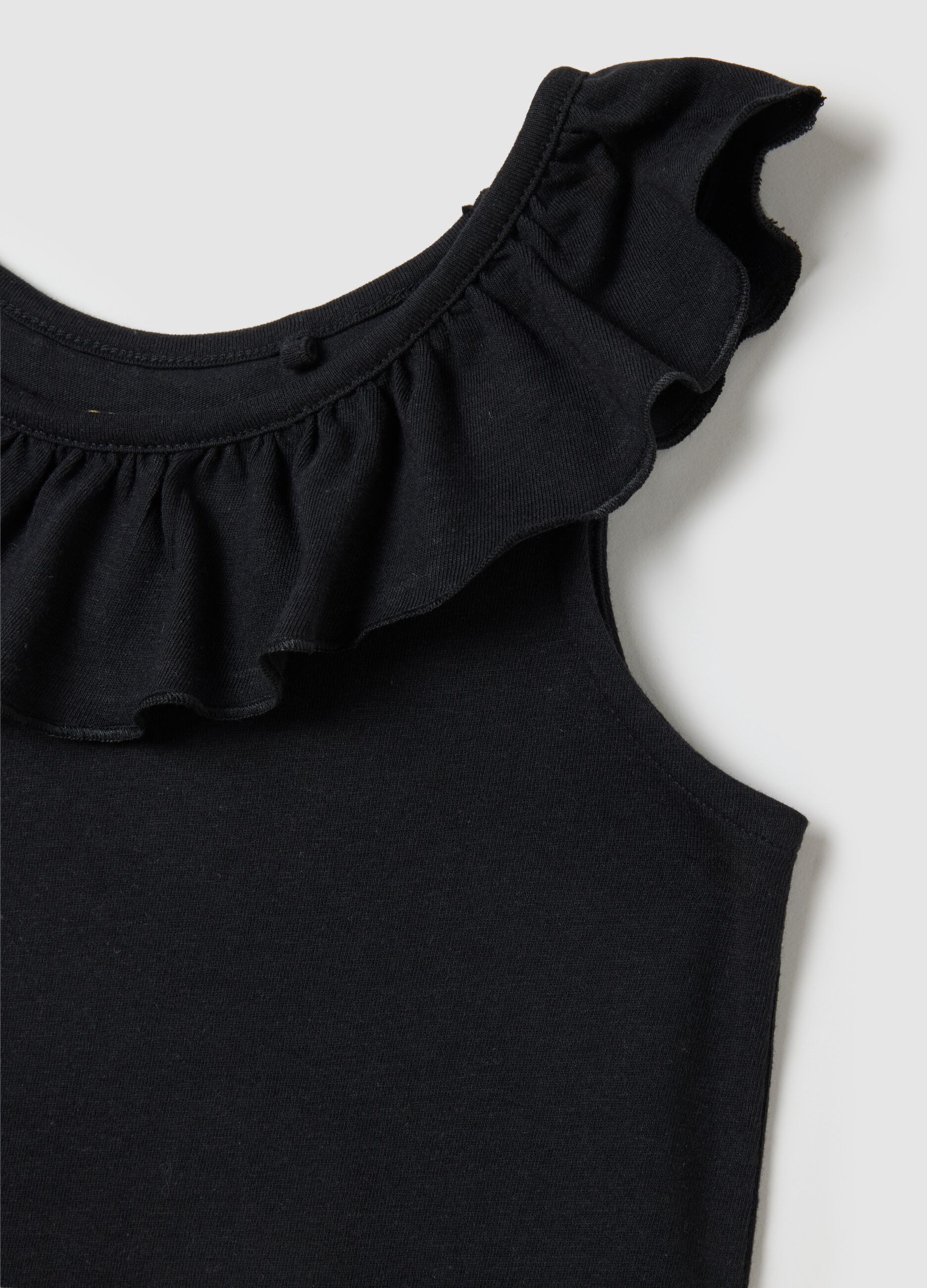 Top da bambina in puro cotone nero regular fit con volant