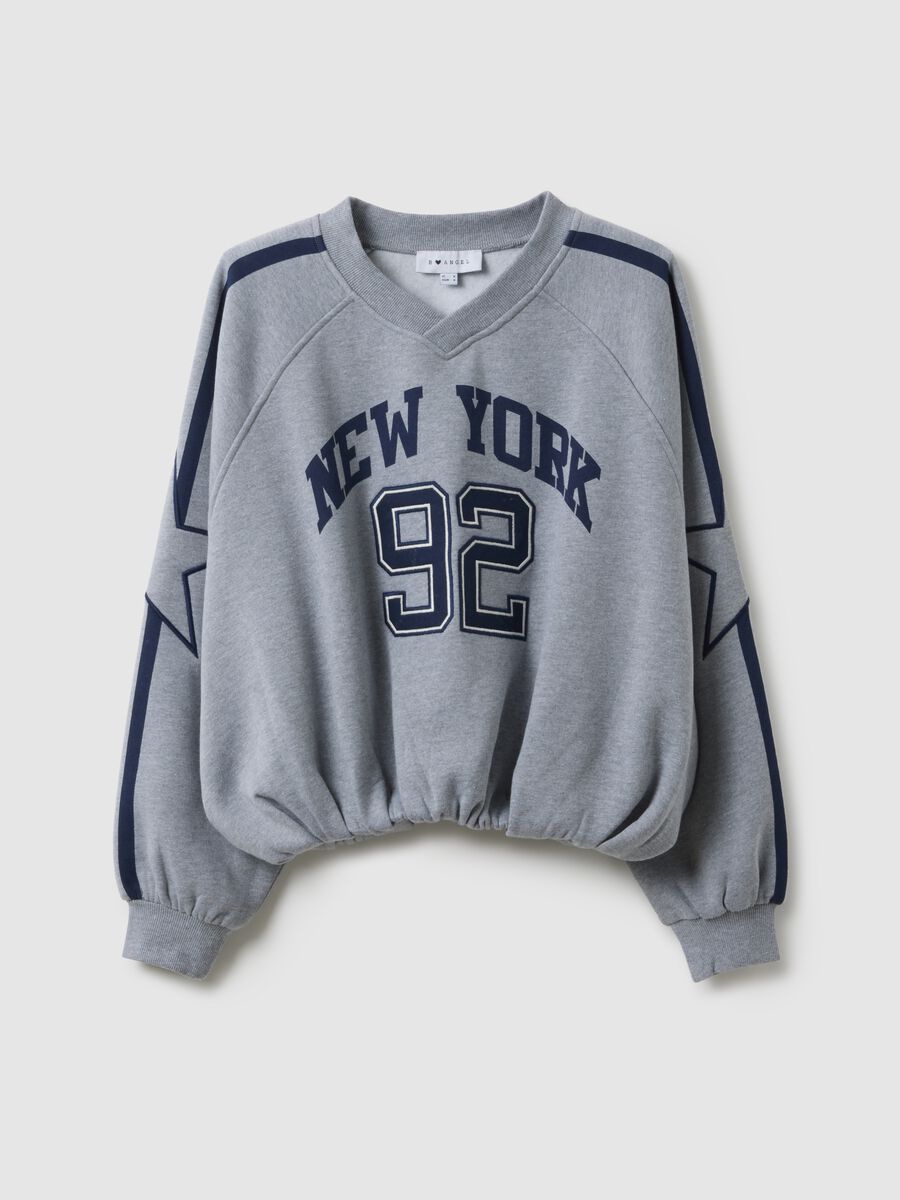 Grey oversized cotton blend sweatshirt with V-neck and print_4