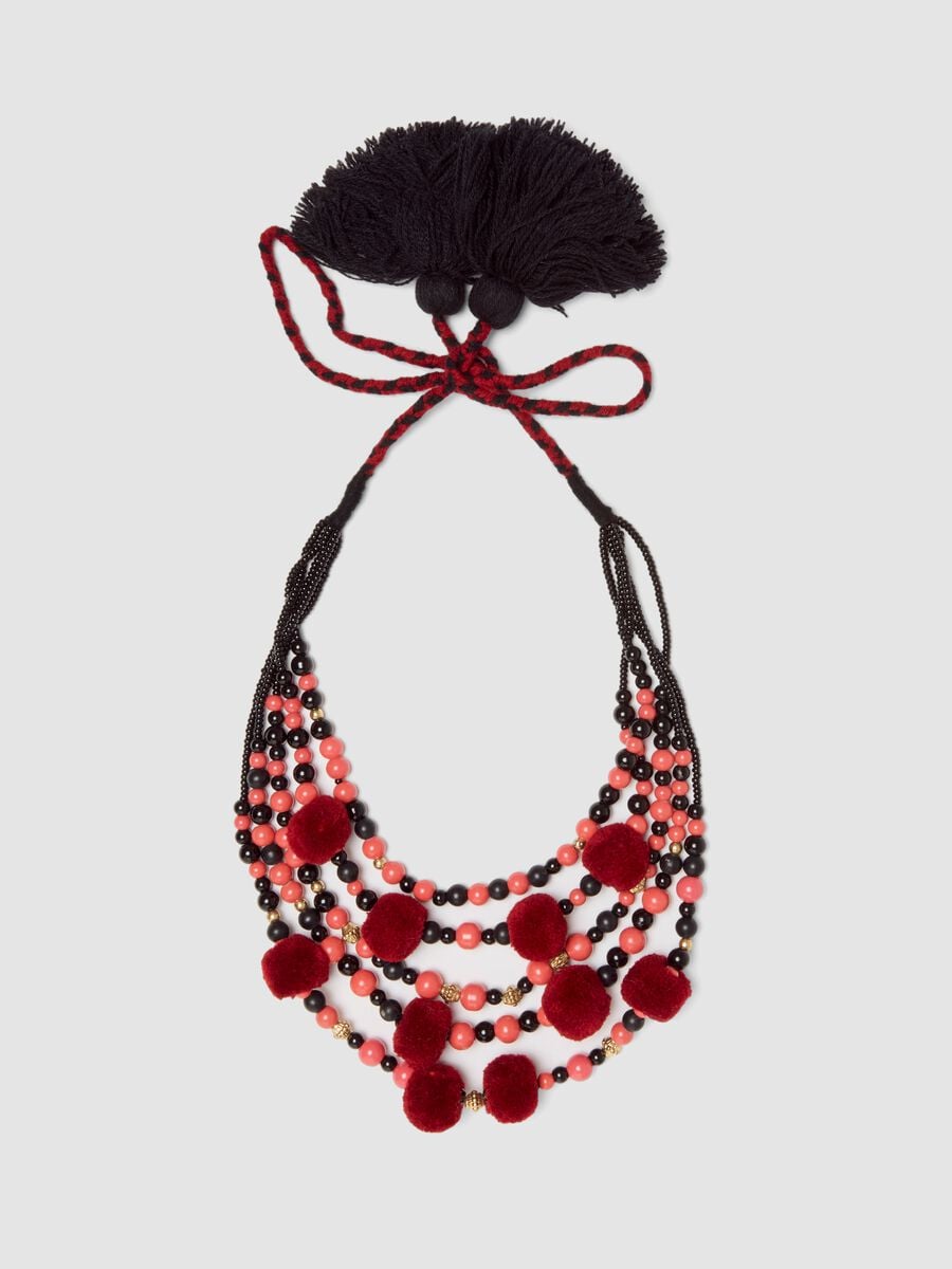 Black and red multi-strand necklace with pom-poms_0