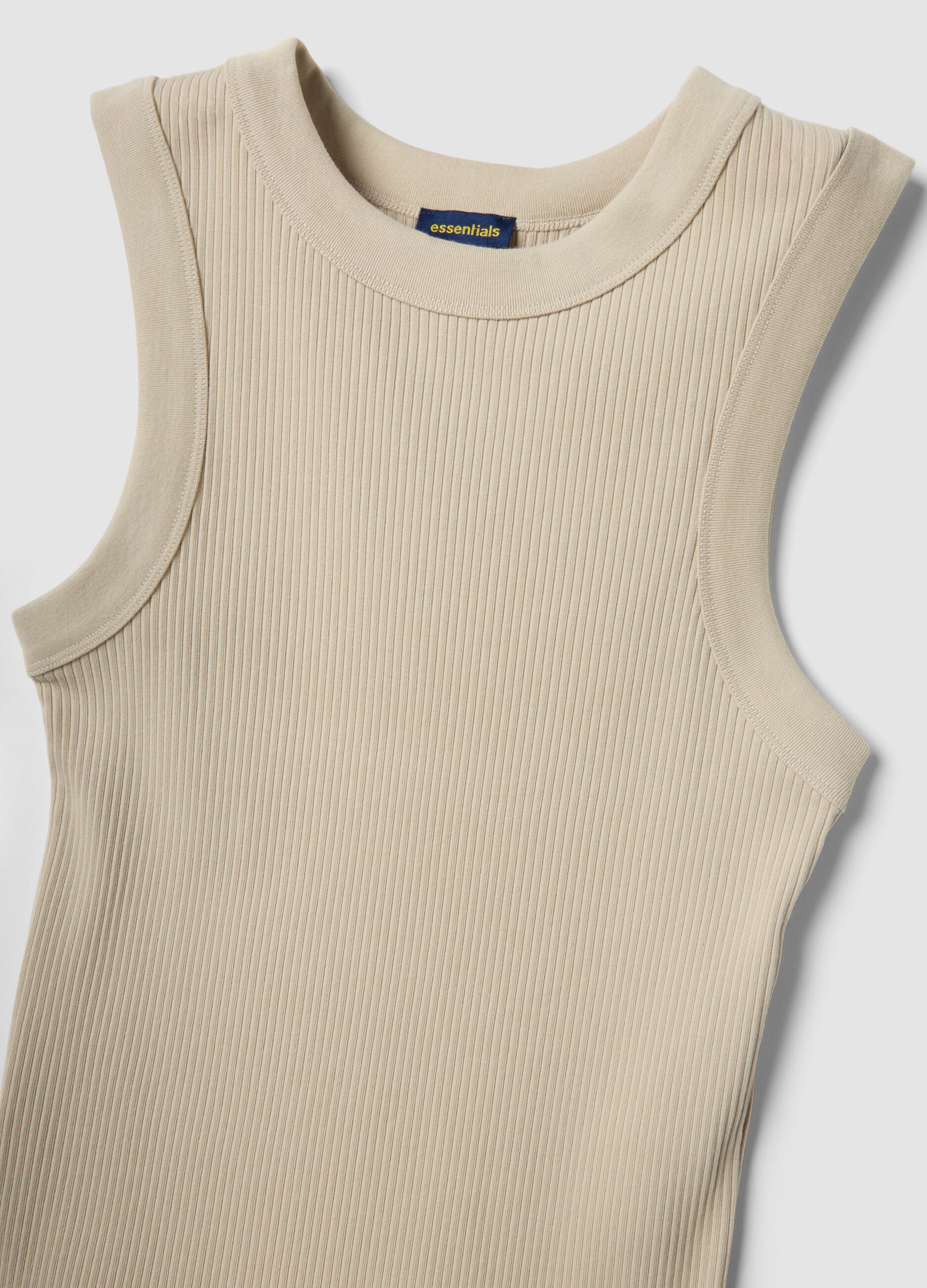Tank top beige in cotone elasticizzato a costine fitted