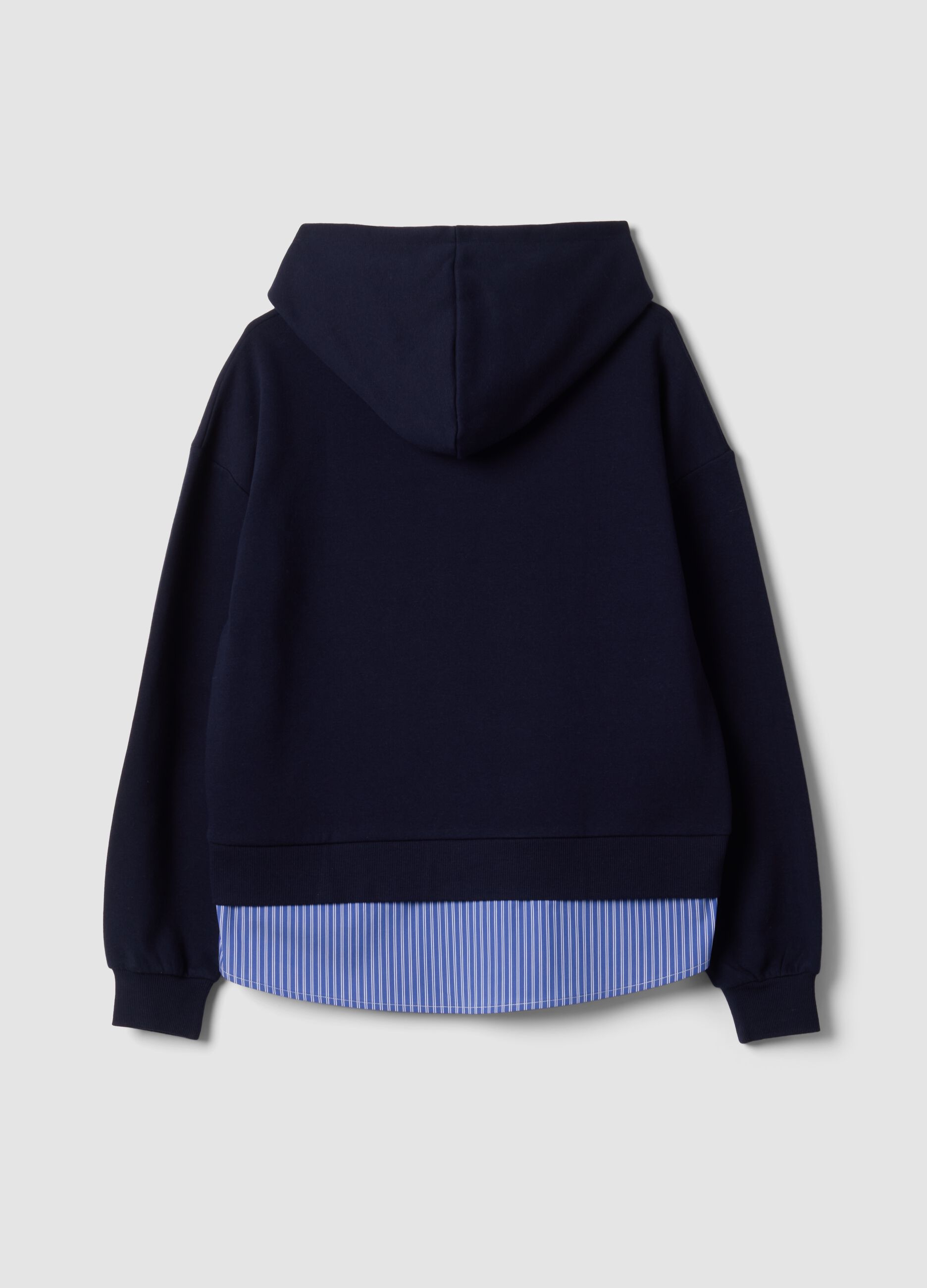 Blue cotton-blend hoodie with layered shirt-effect hem