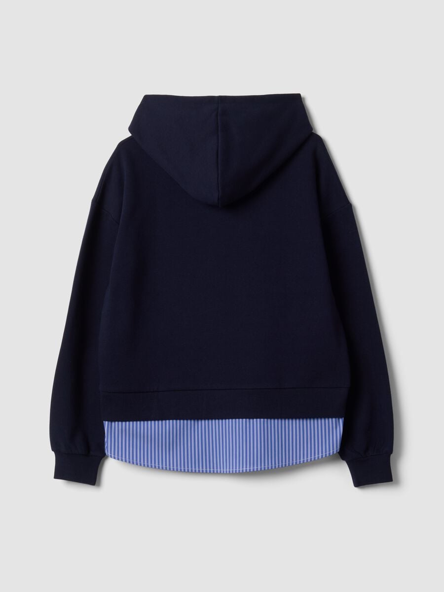 Blue cotton-blend hoodie with layered shirt-effect hem_2