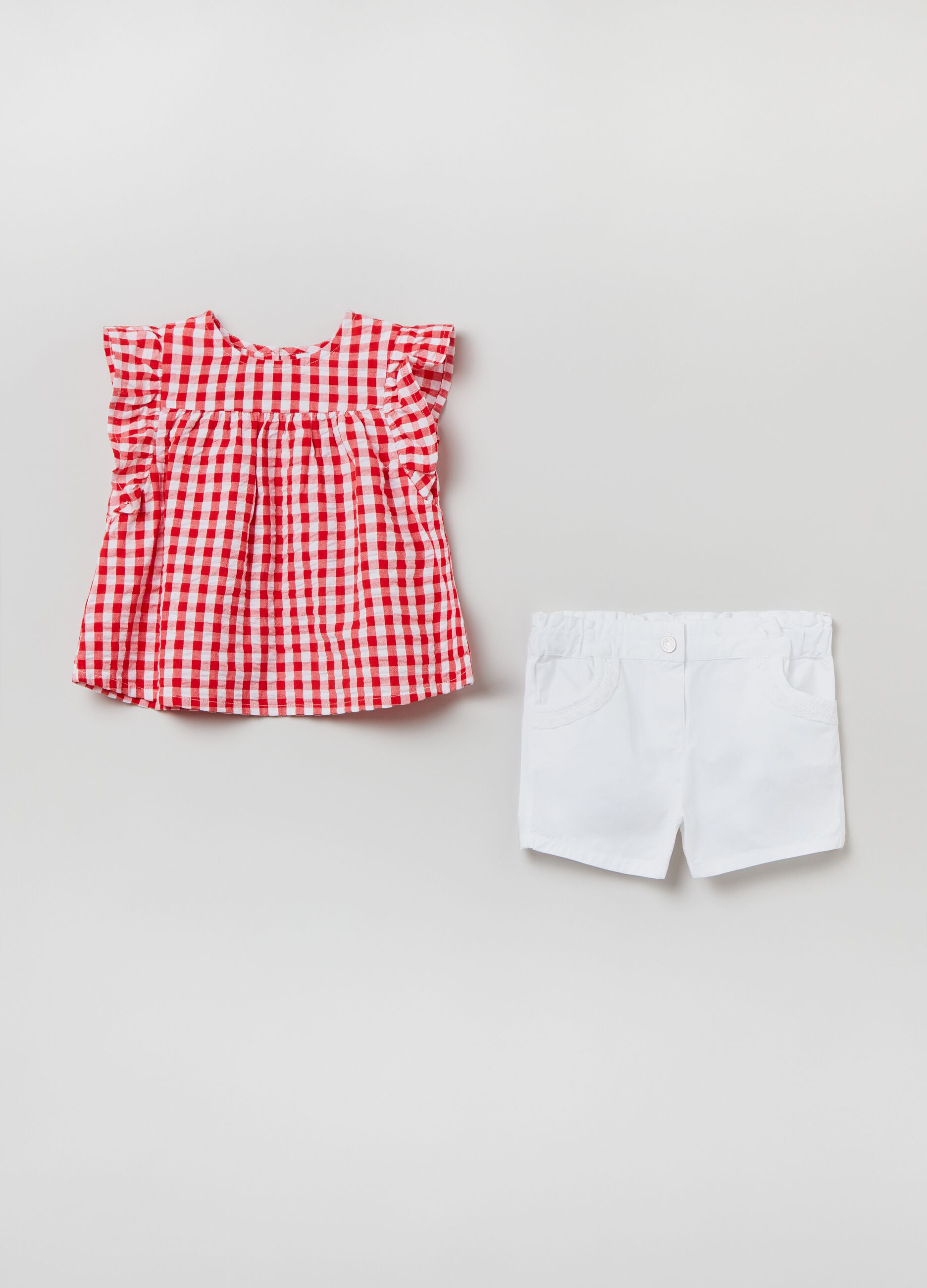 Gingham patterned blouse and shorts set