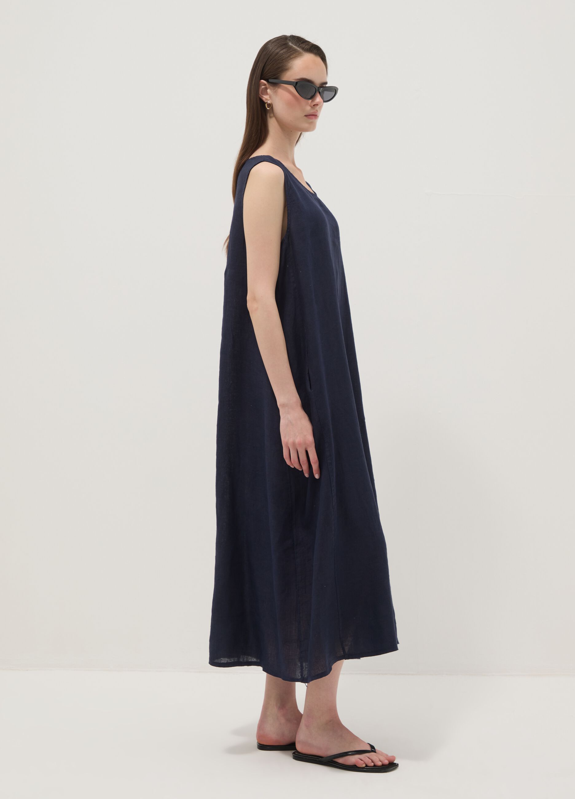 Long blue pure linen dress, regular fit