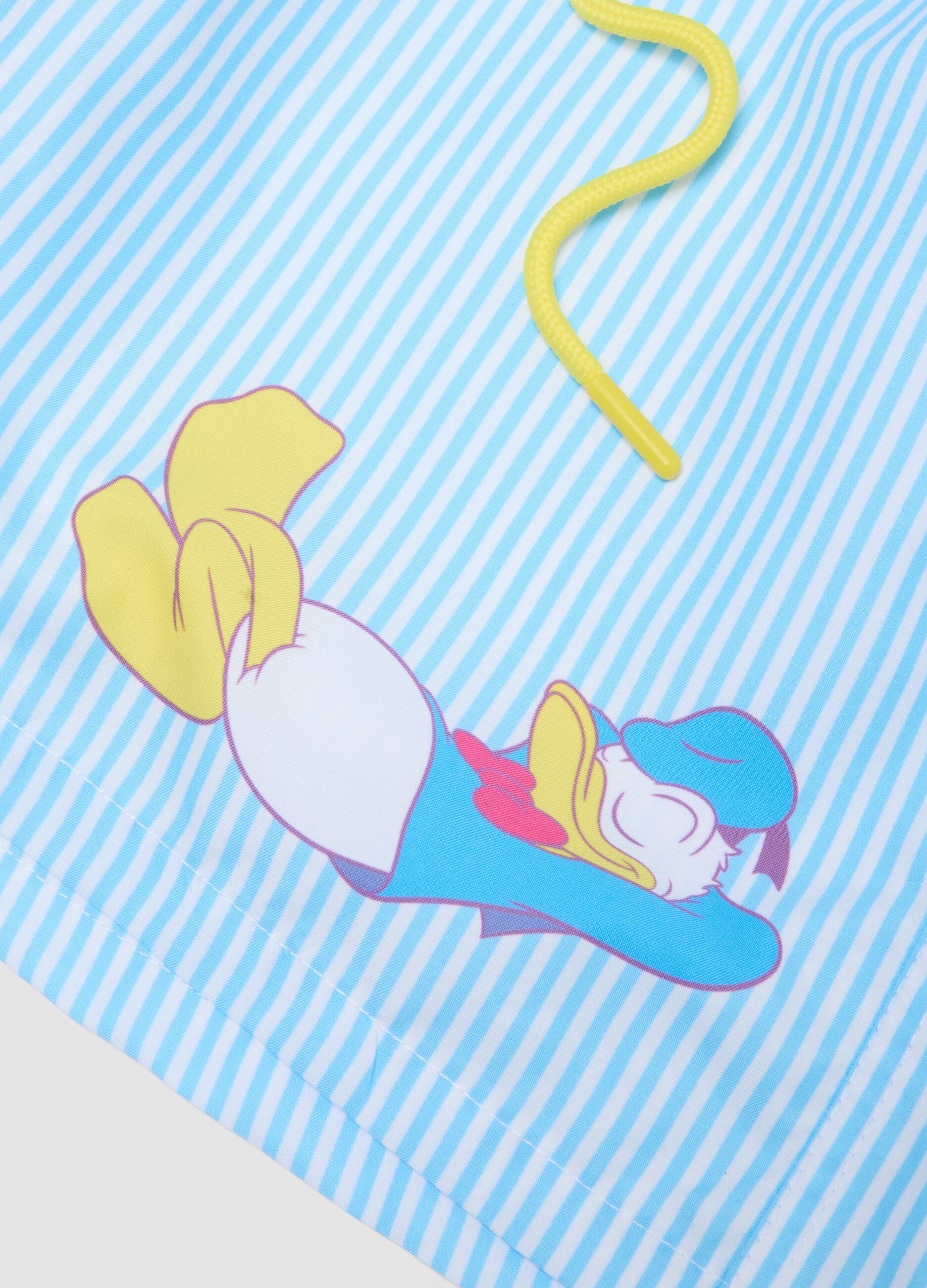 Blue and white striped swim boxers with Donald Duck print