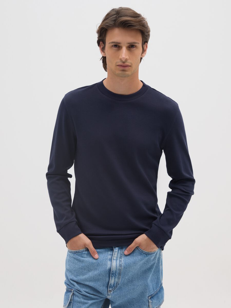 Long sleeve blue cotton t-shirt_0