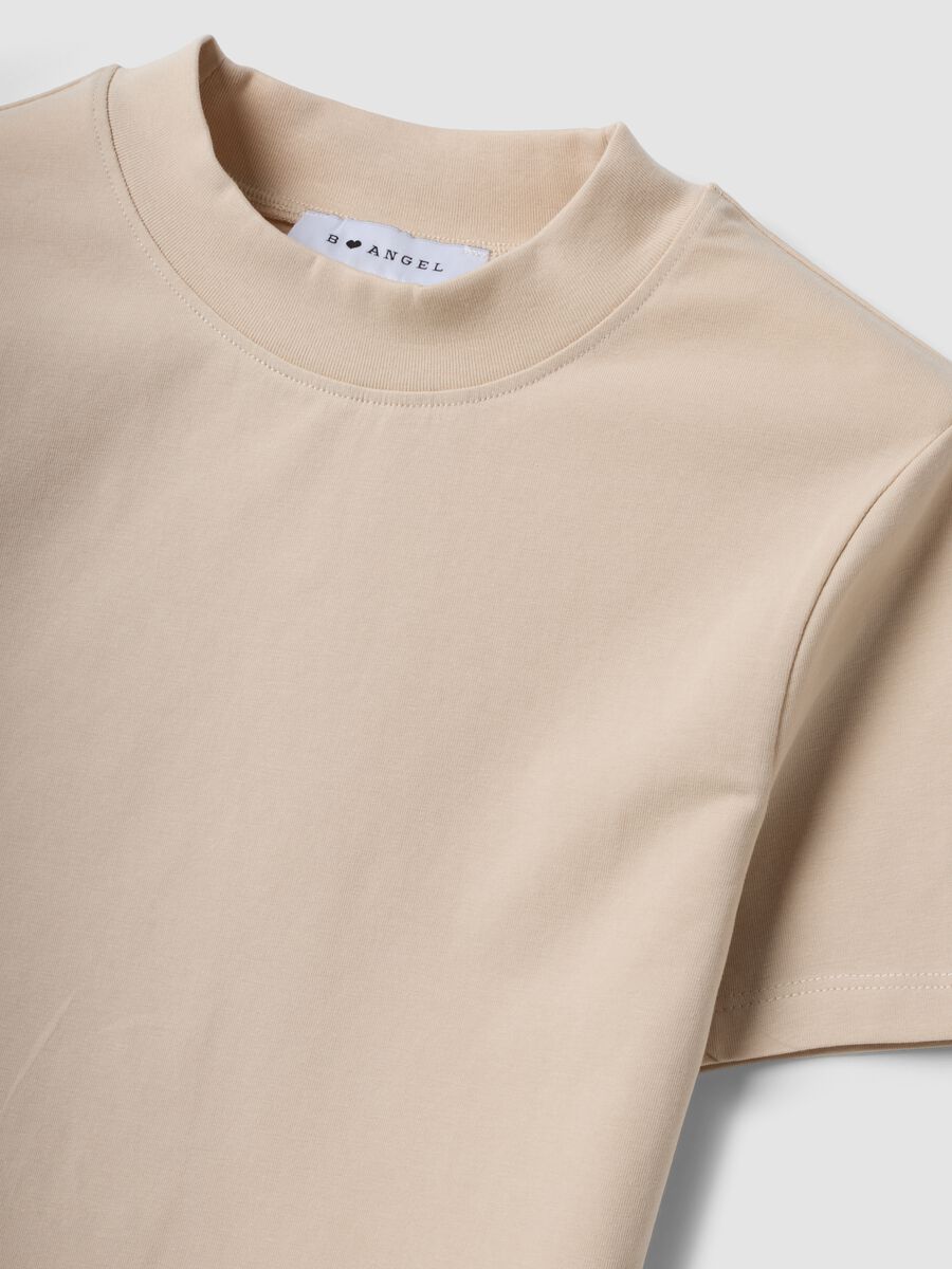 Beige fitted stretch-cotton T-shirt with high neck_2