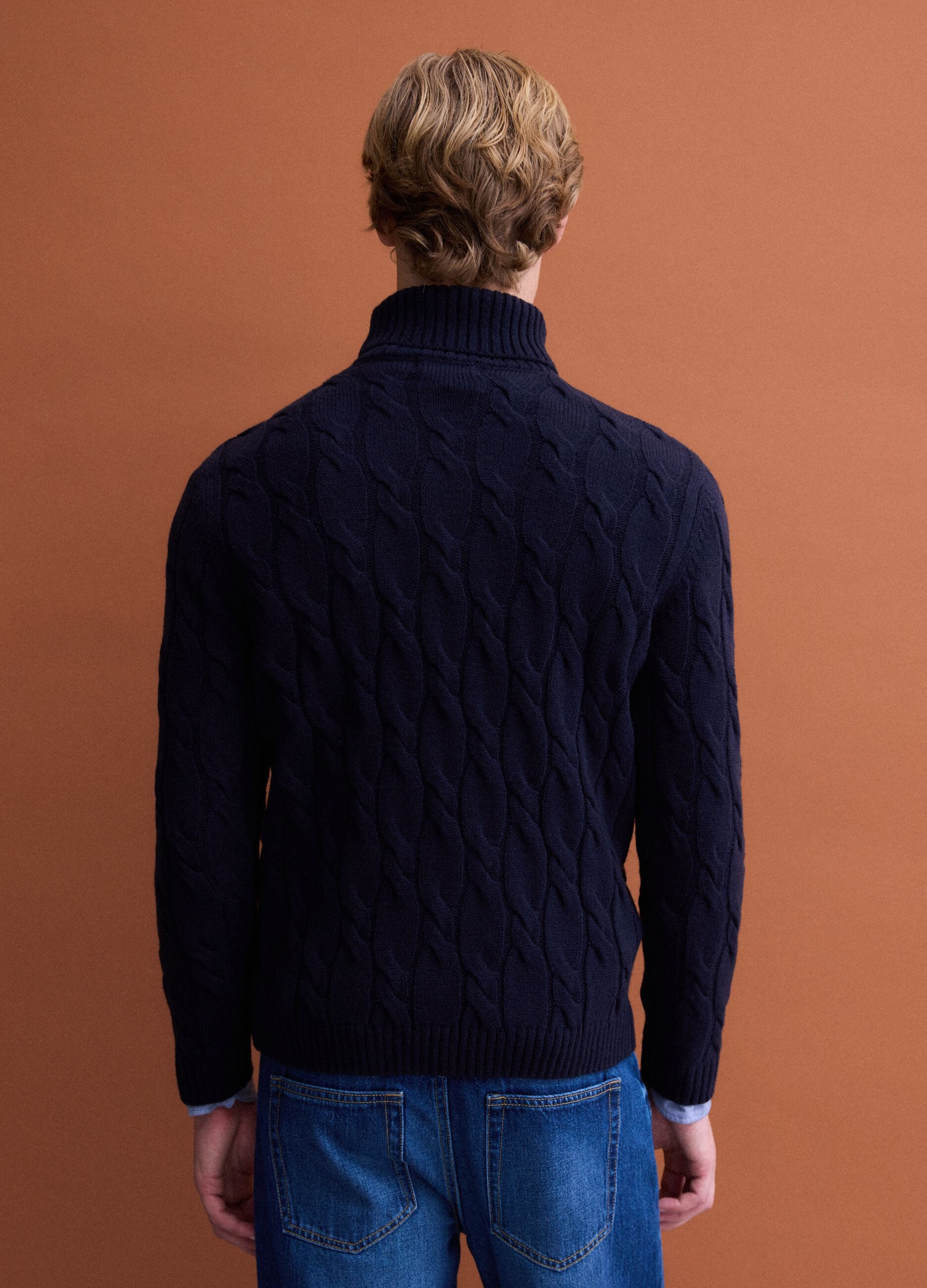 Navy blue cable-knit wool-blend regular-fit roll-neck jumper