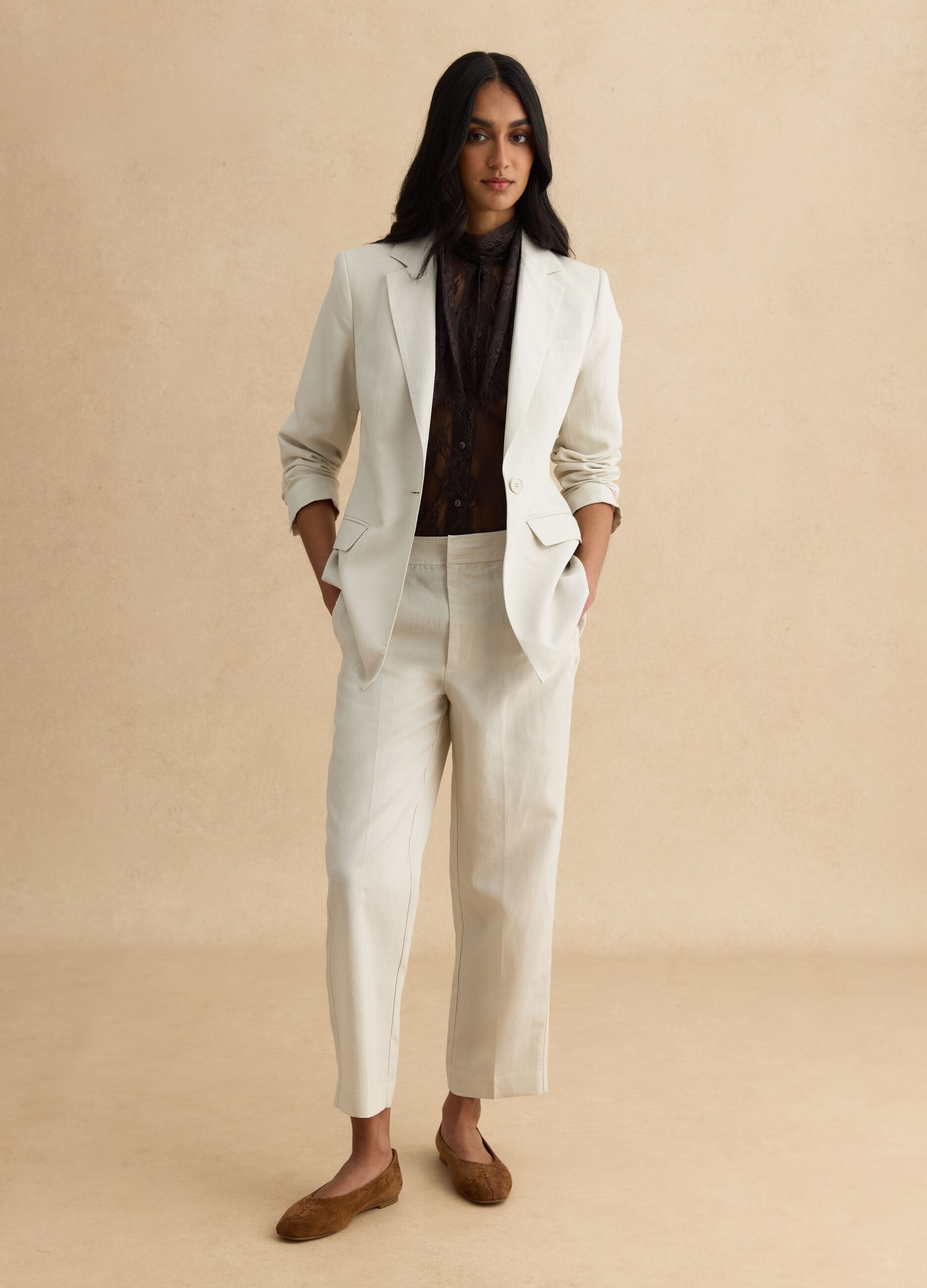 Pantaloni in misto lyocell e lino beige regular fit