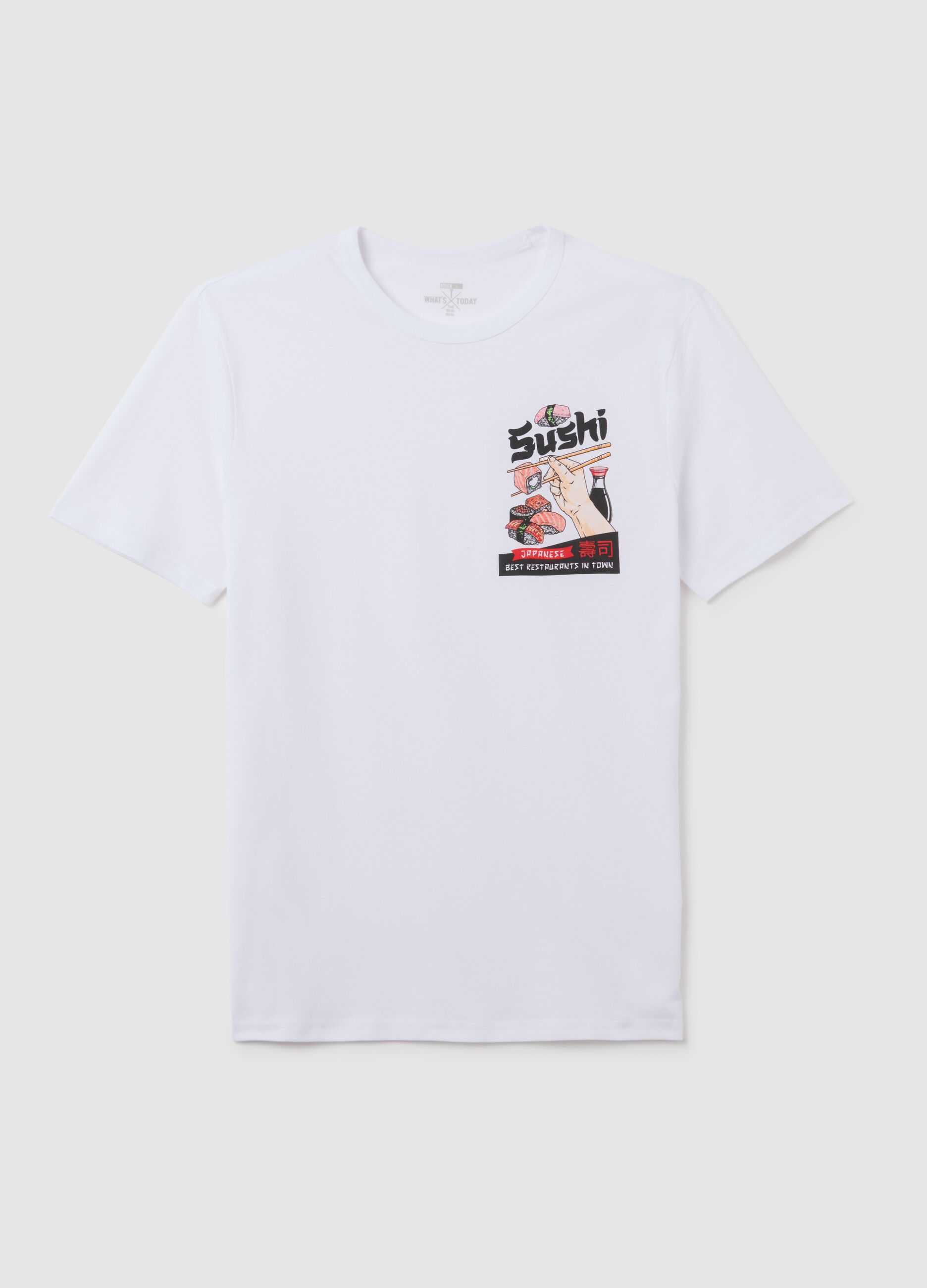 White pure cotton t-shirt regular fit with sushi print