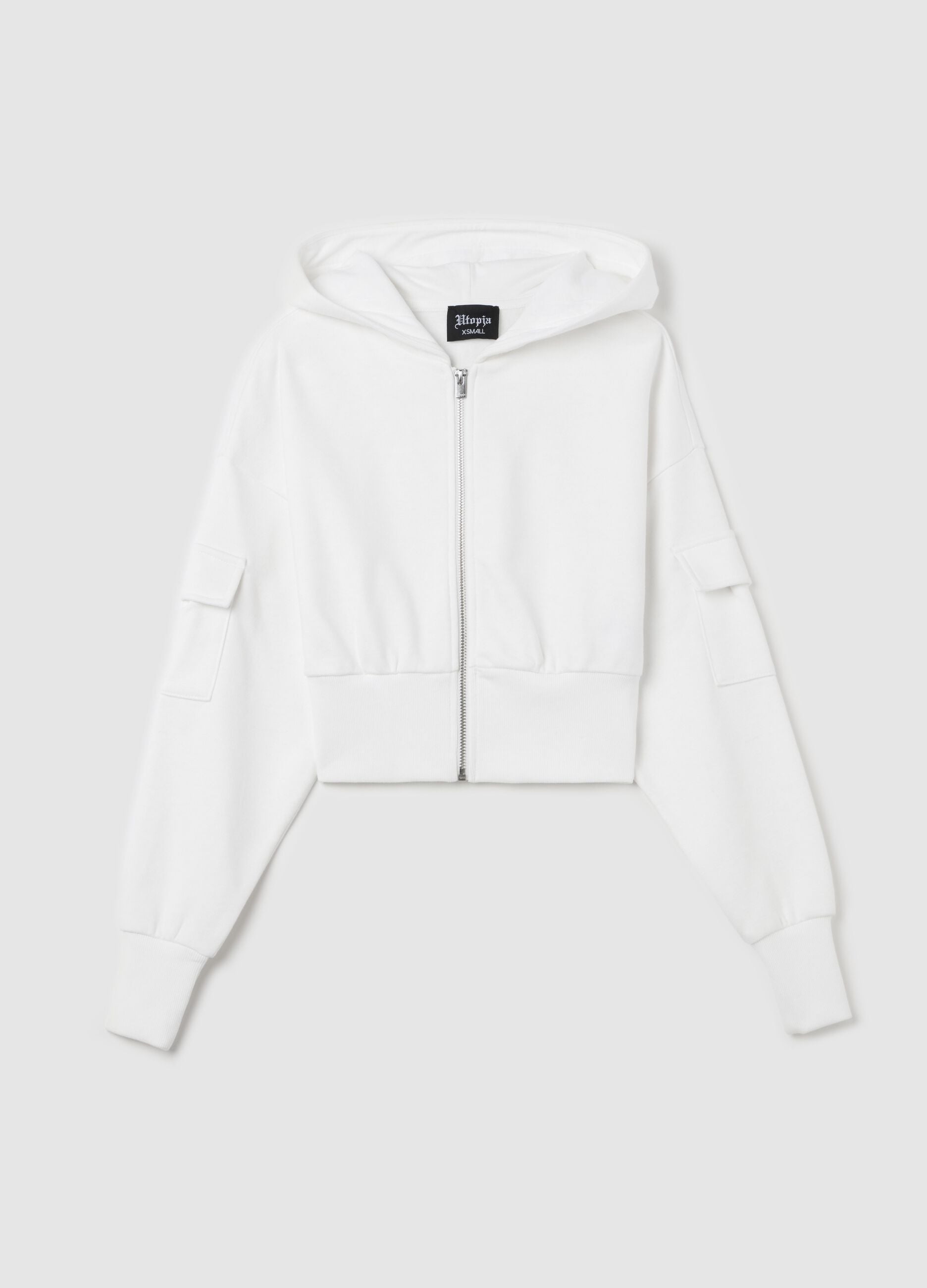 Crop Cargo Zip Hoodie White