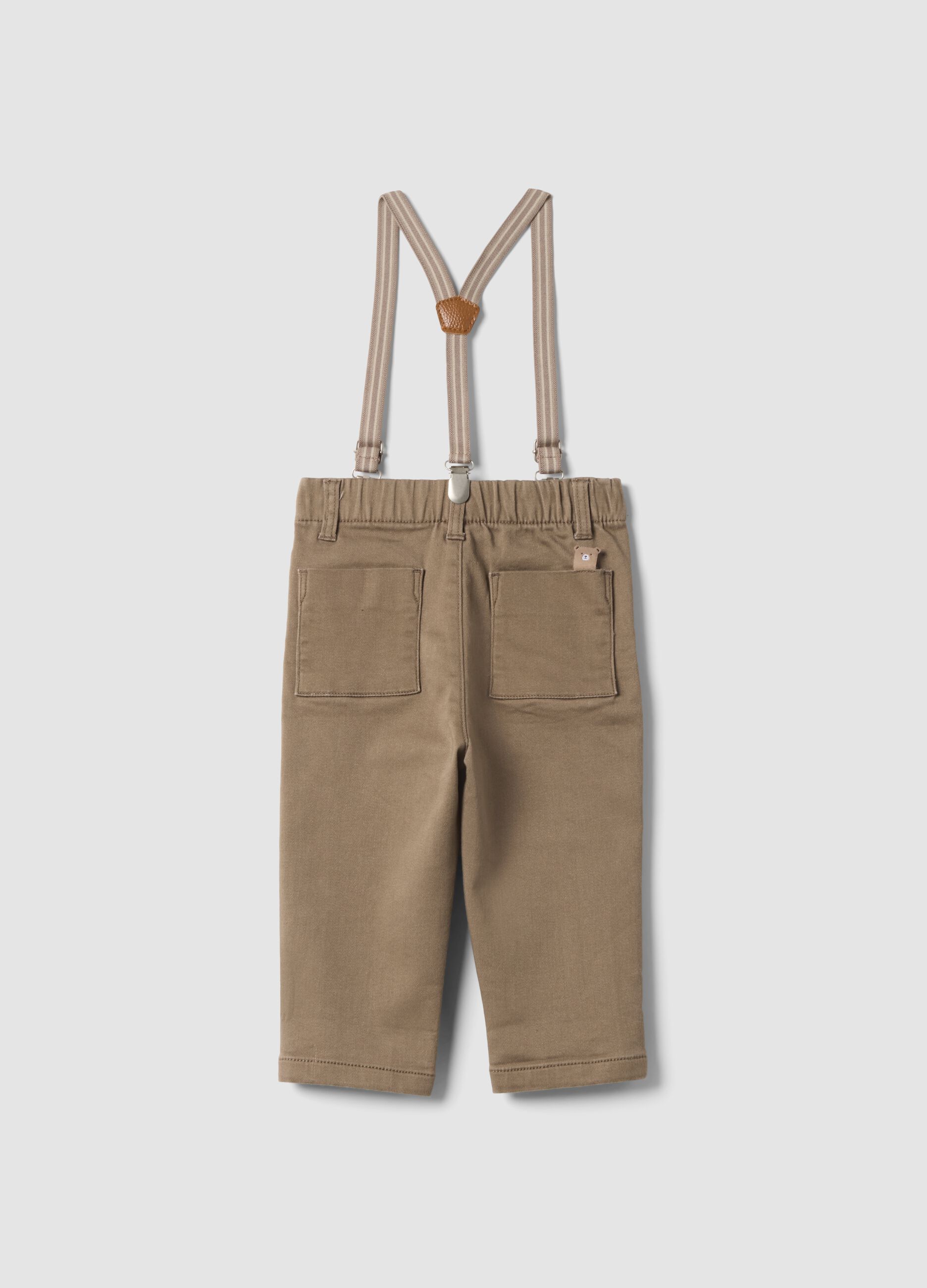 Beige stretch cotton trousers with braces, regular fit
