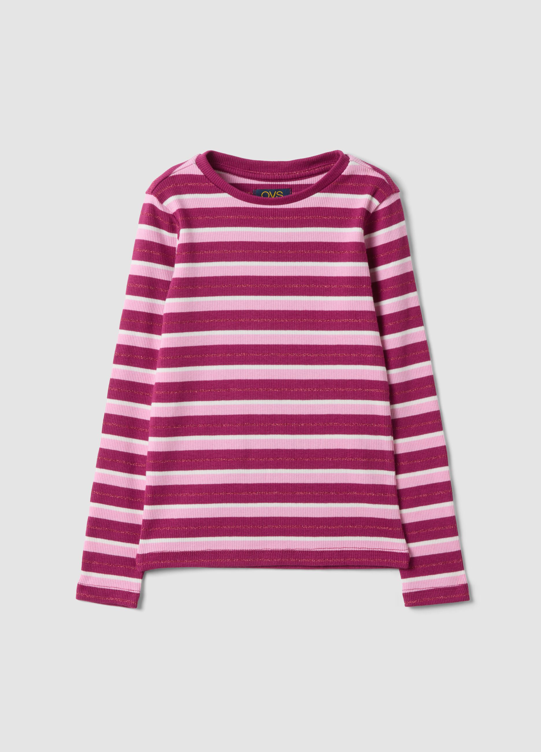 Girls&rsquo; striped multicolour stretch cotton crew-neck T-shirt