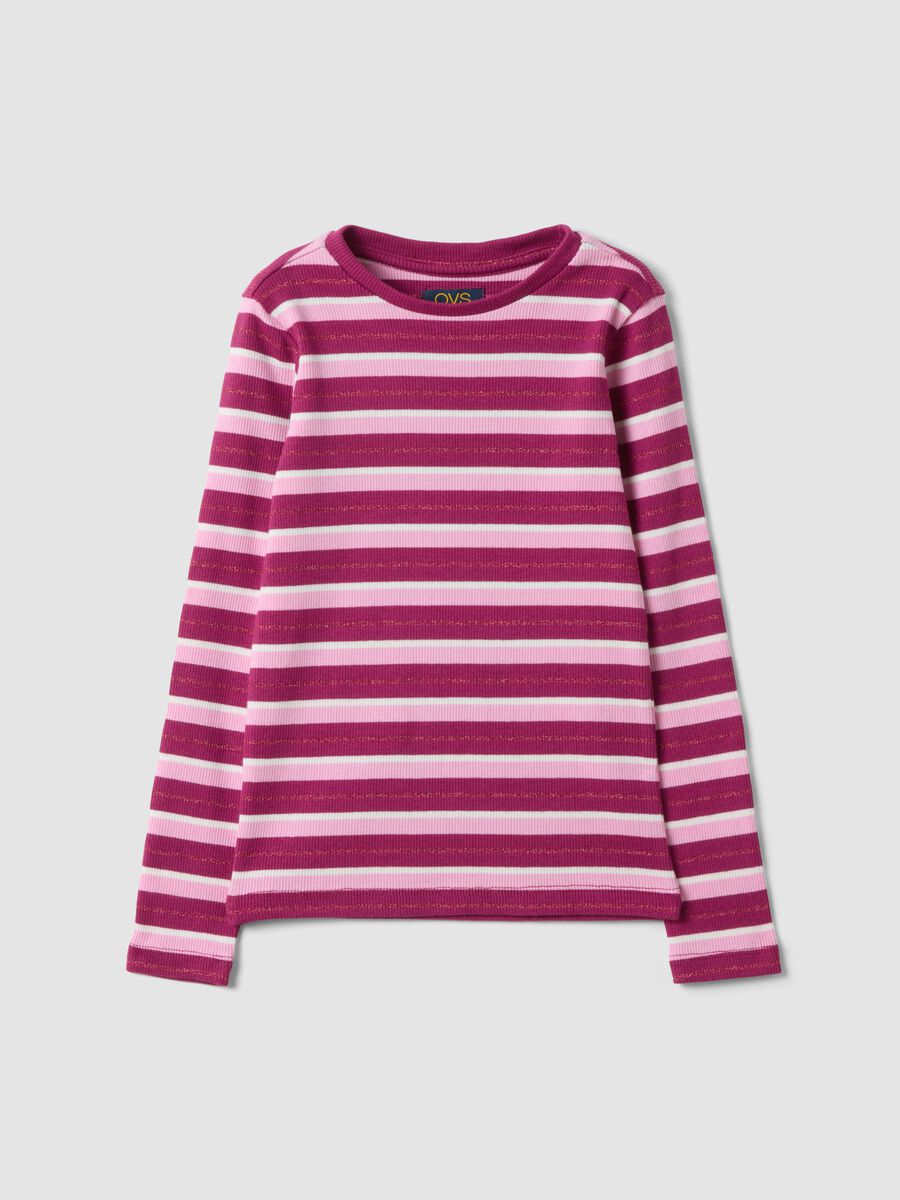 Girls&rsquo; striped multicolour stretch cotton crew-neck T-shirt_0