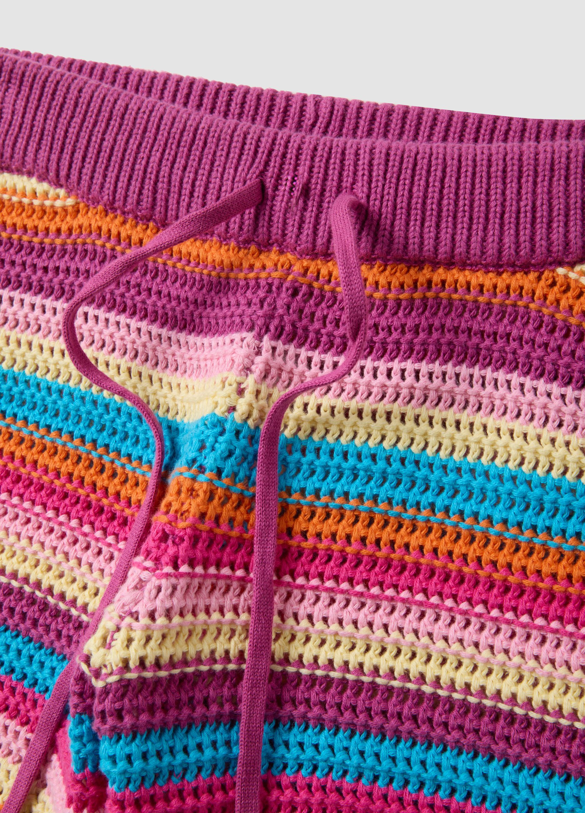 Multicolour striped pure cotton crochet shorts