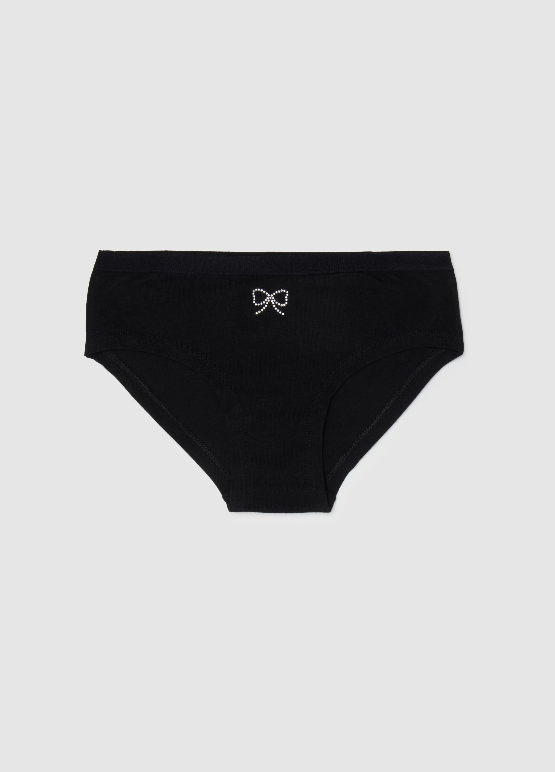 Girls' black cotton knickers, regular fit with bow