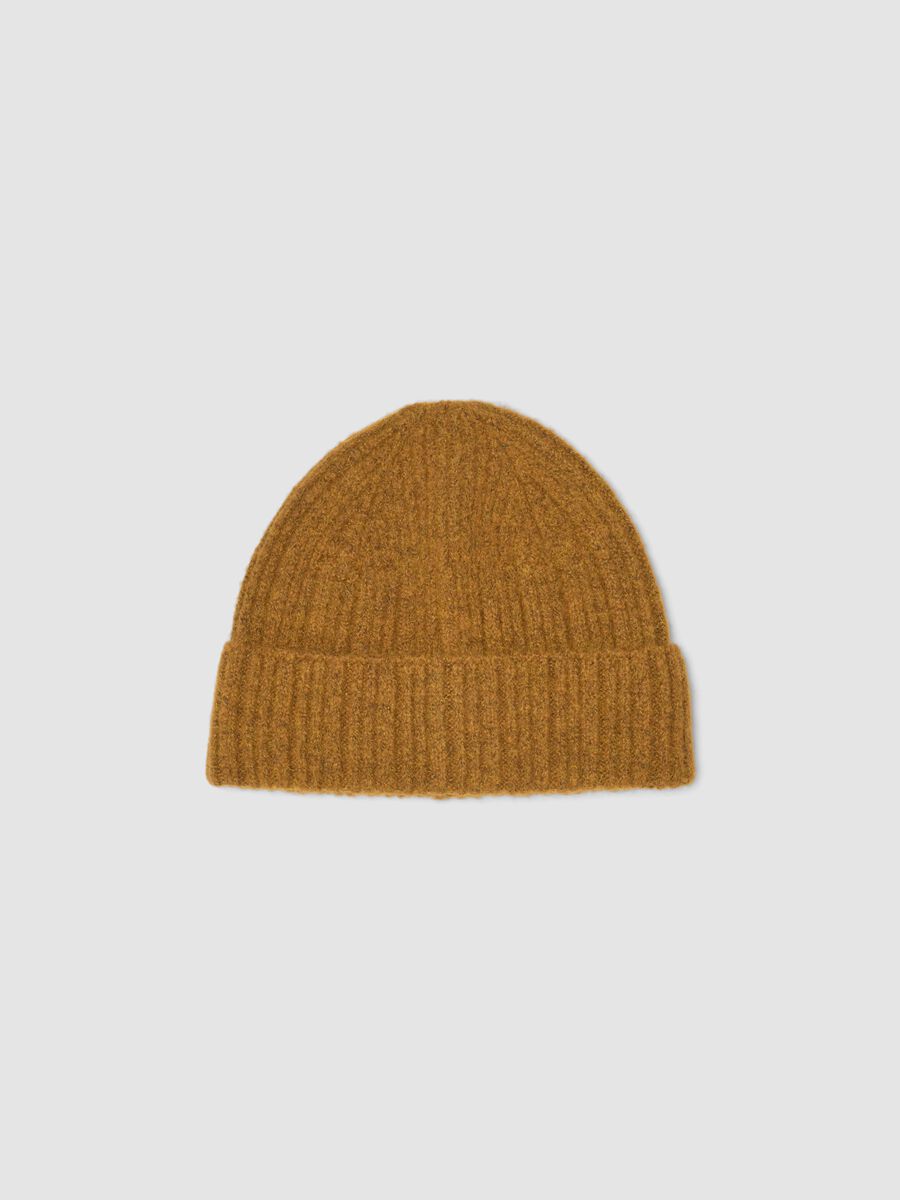 Brown ribbed beanie in stretch wool_0