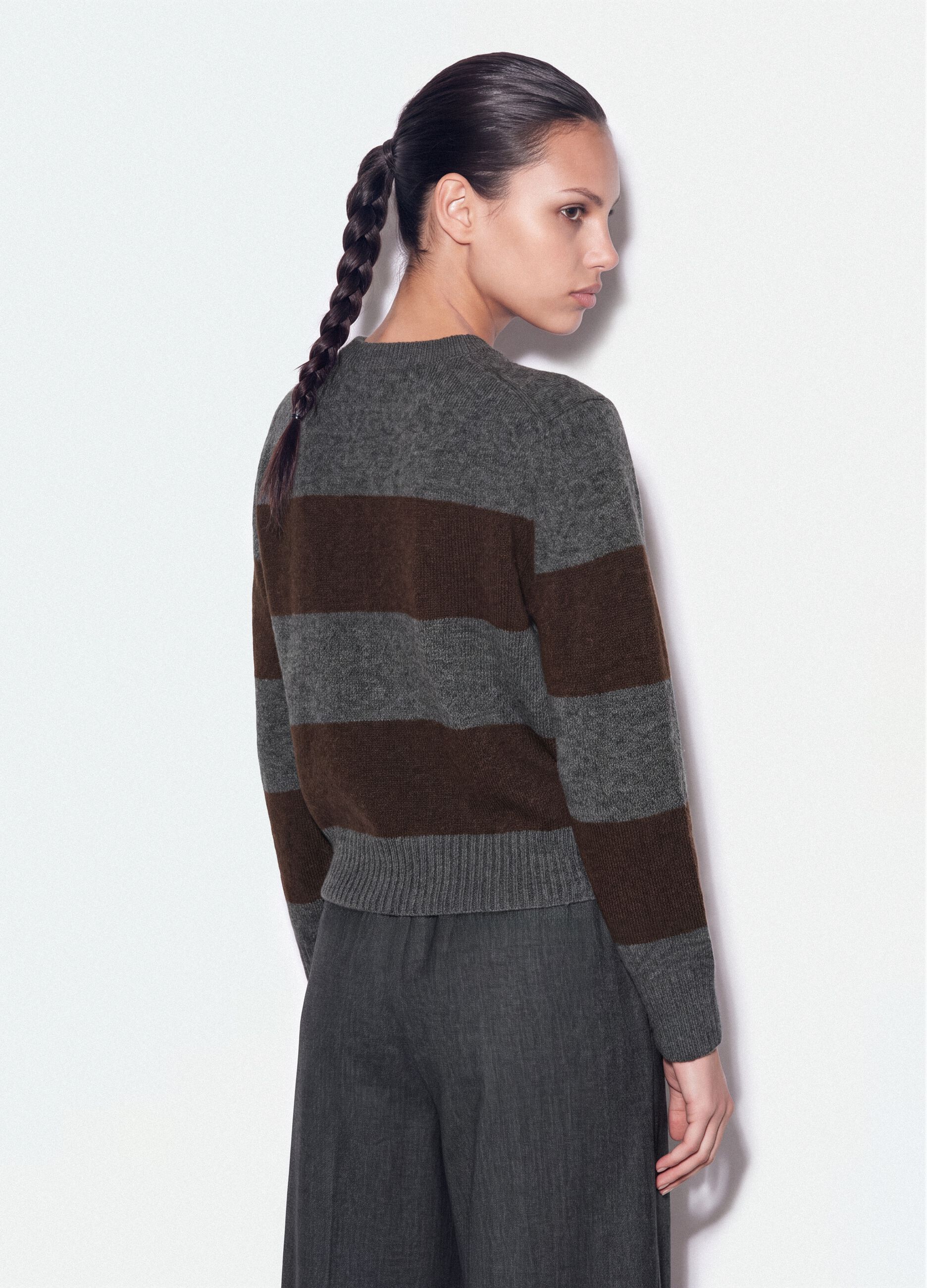 Grey striped stretch wool crew-neck jumper