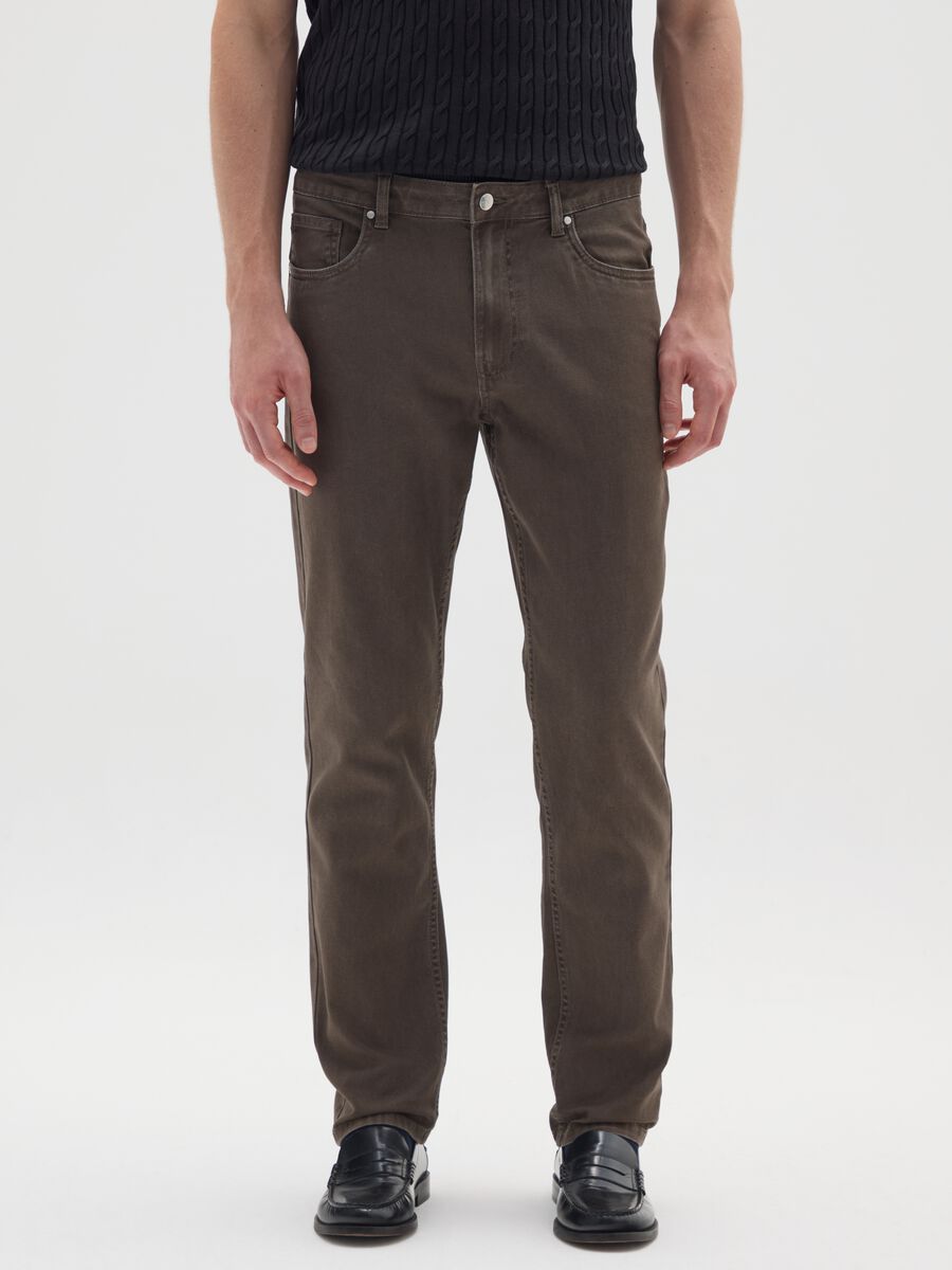 Brown slim fit stretch cotton trousers_2