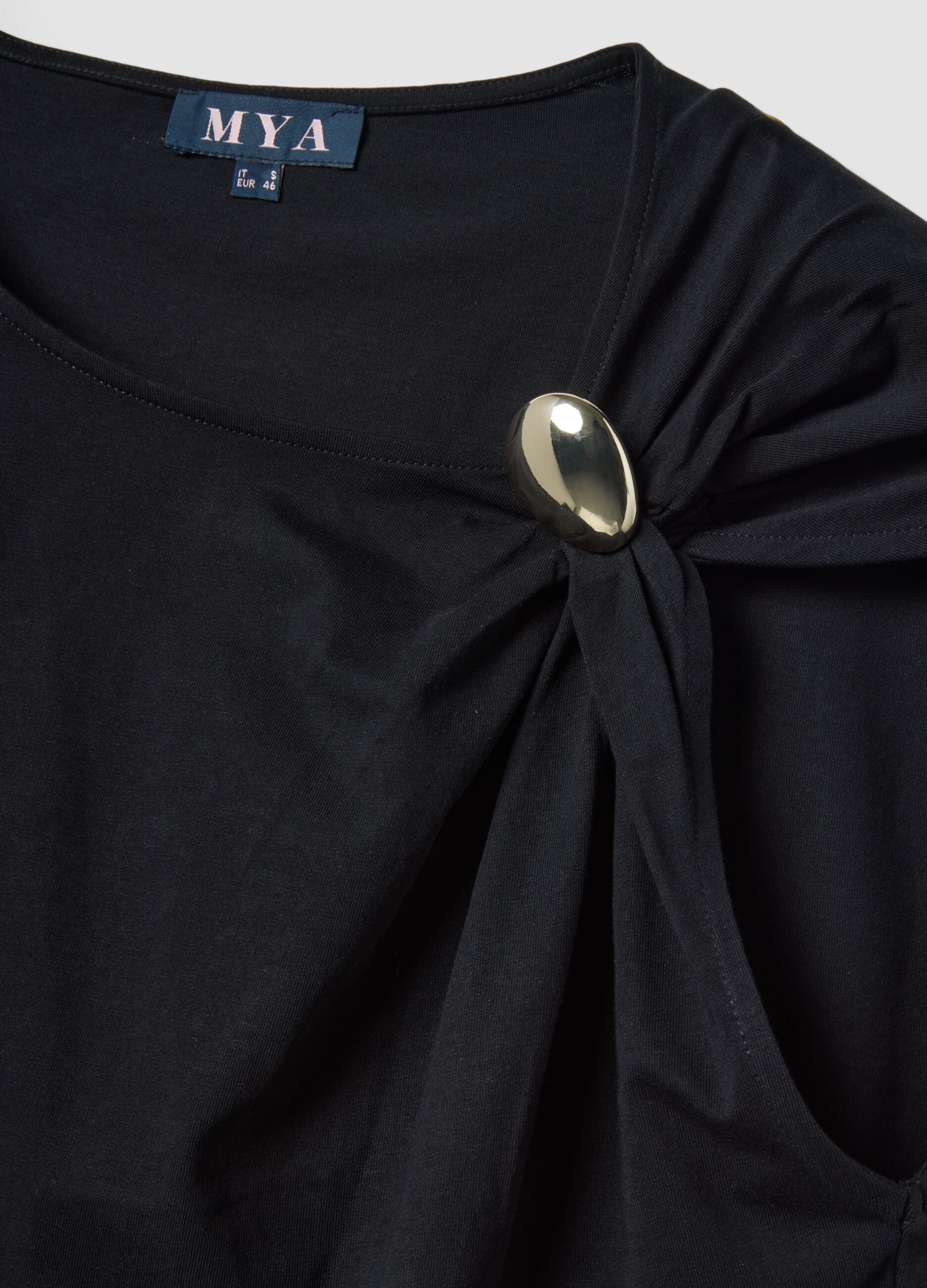Black pure cotton T-shirt with draping and brooch