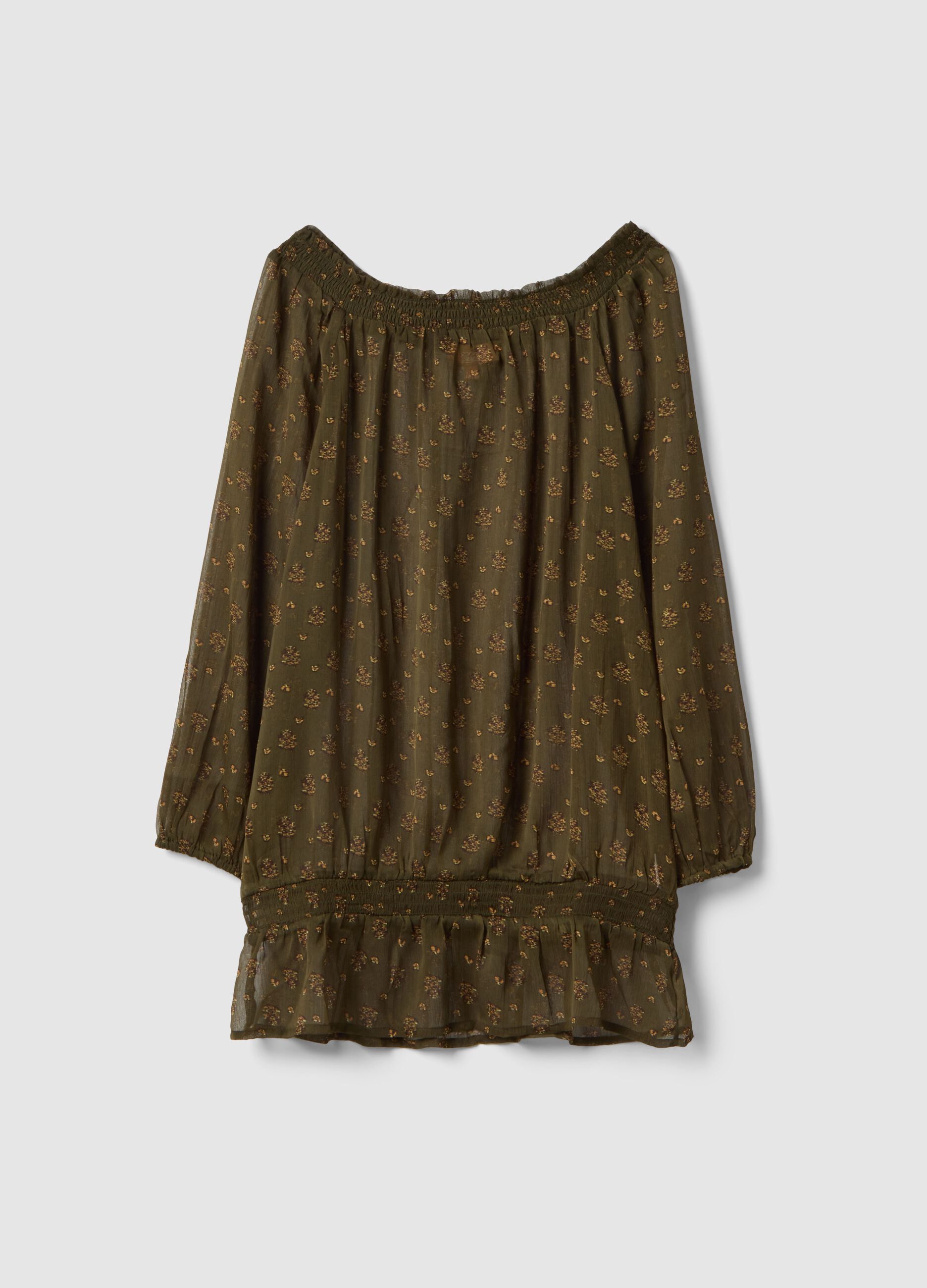 Green maternity blouse with boat neckline and fantasy print