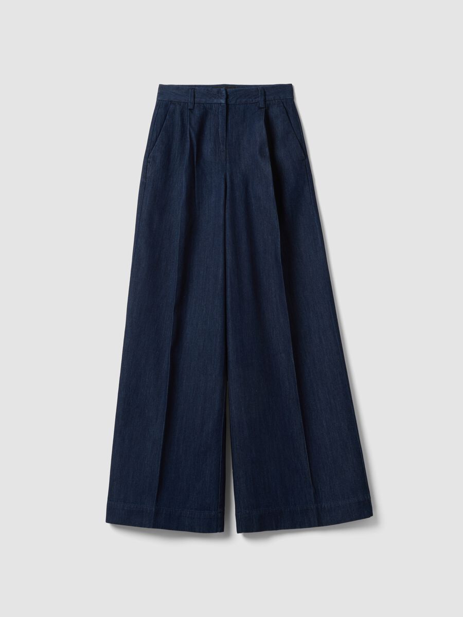 Wide-leg blue denim pure cotton trousers_4