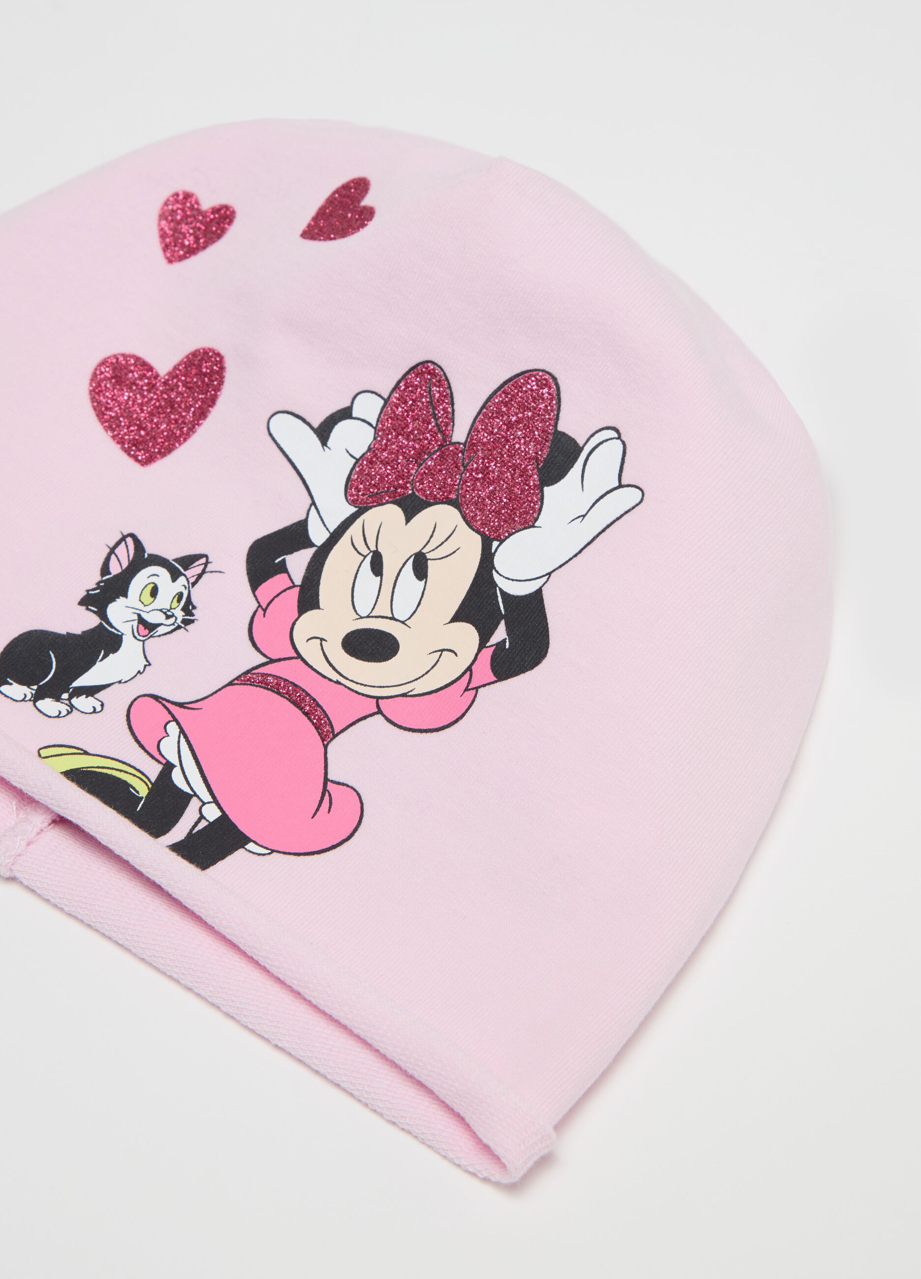 Berretto con stampa glitterata Minnie e Figaro