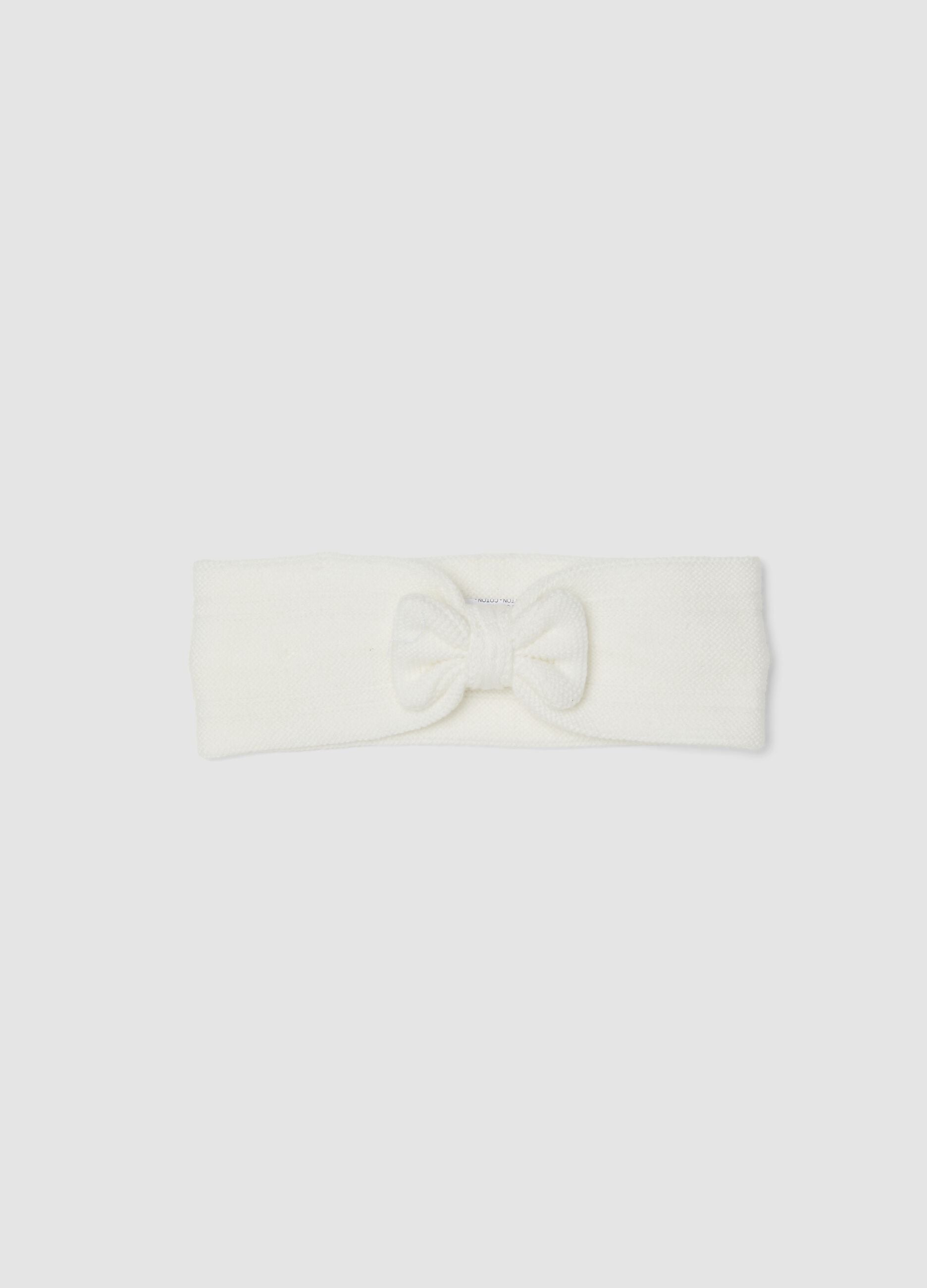 White organic cotton headband with knitted bow