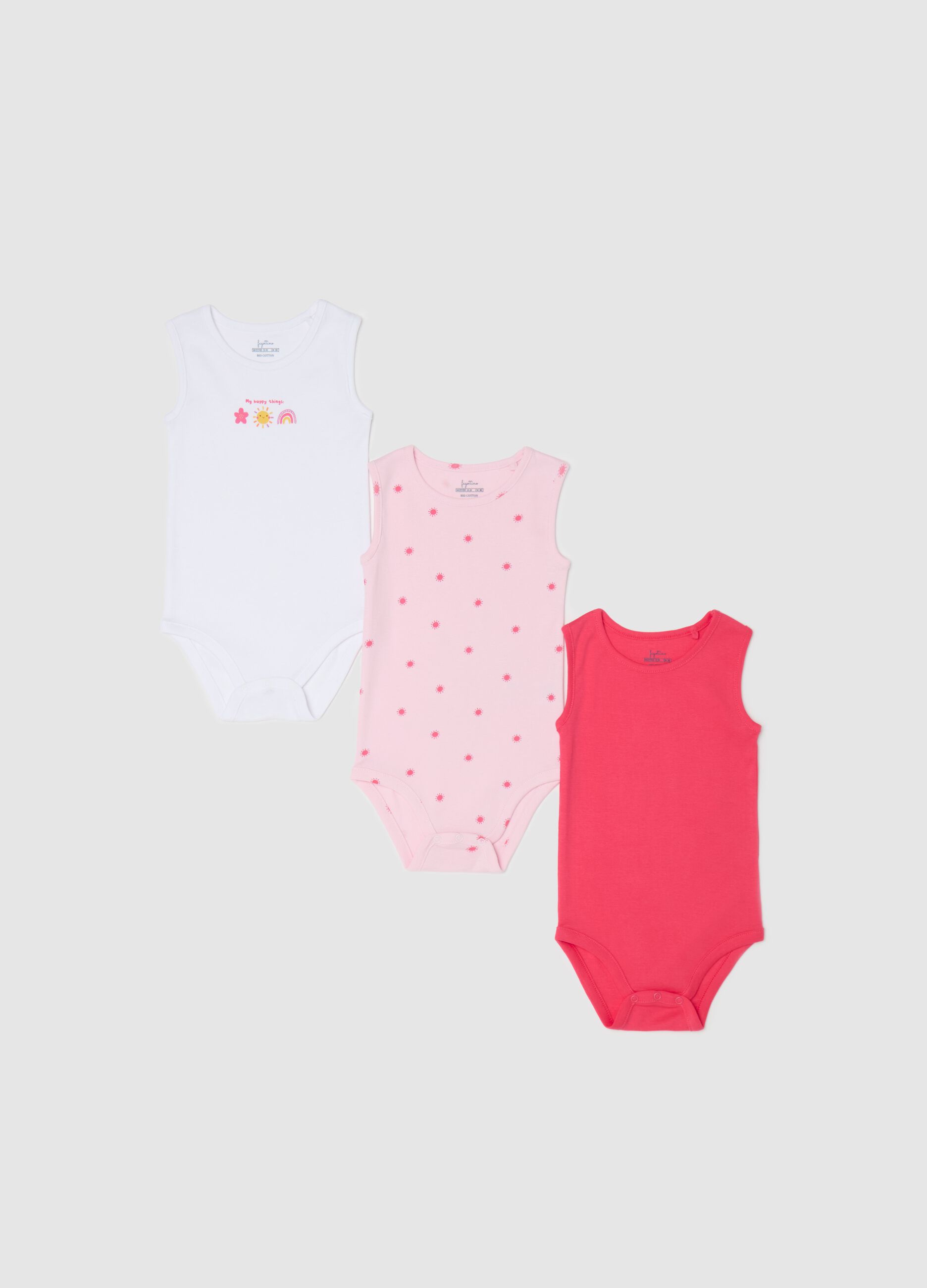 Tripack body smanicati in cotone bio con stampa