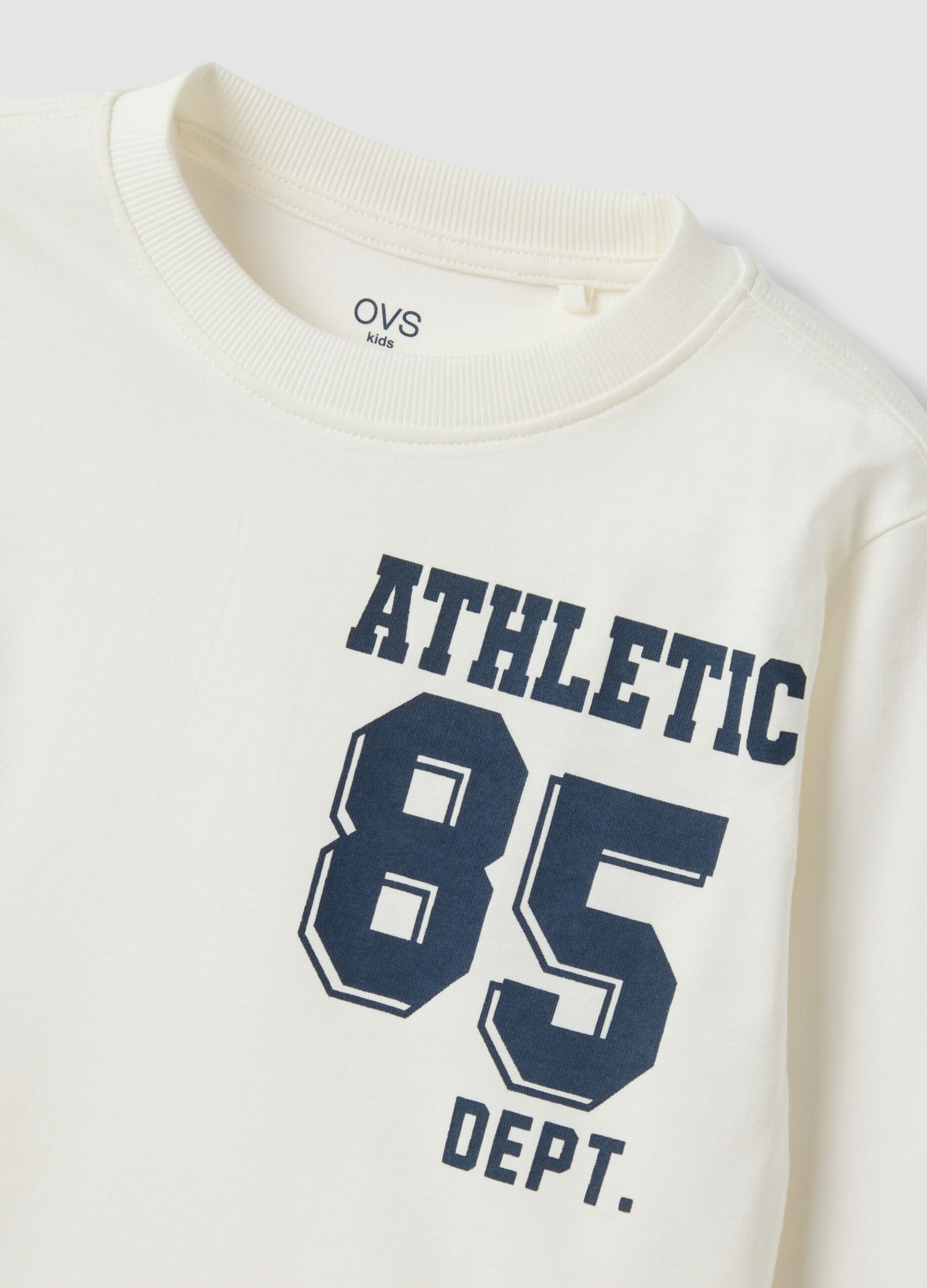 T-shirt bianca in puro cotone organico con stampa college per bambino