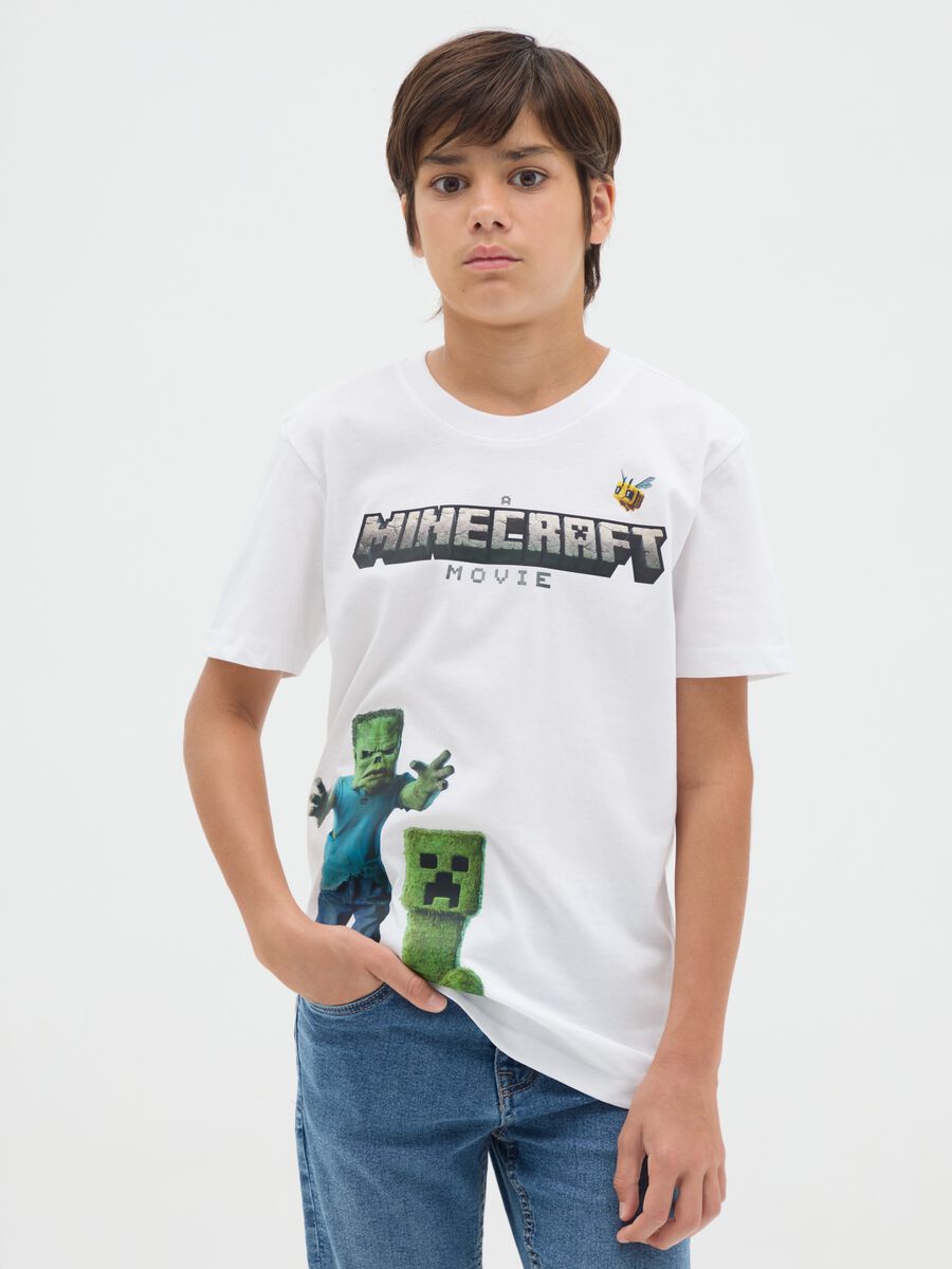 T-shirt da ragazzo in puro cotone bianca over fit con stampa Minecraft_0