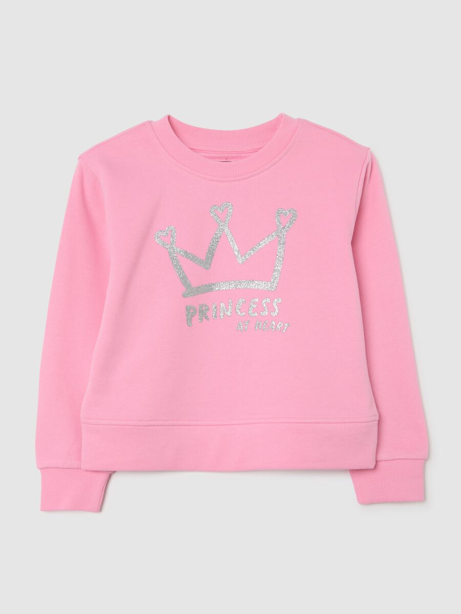 Girls' Pink Cotton Sweatshirt with Crown Print, Regular Fit_0
