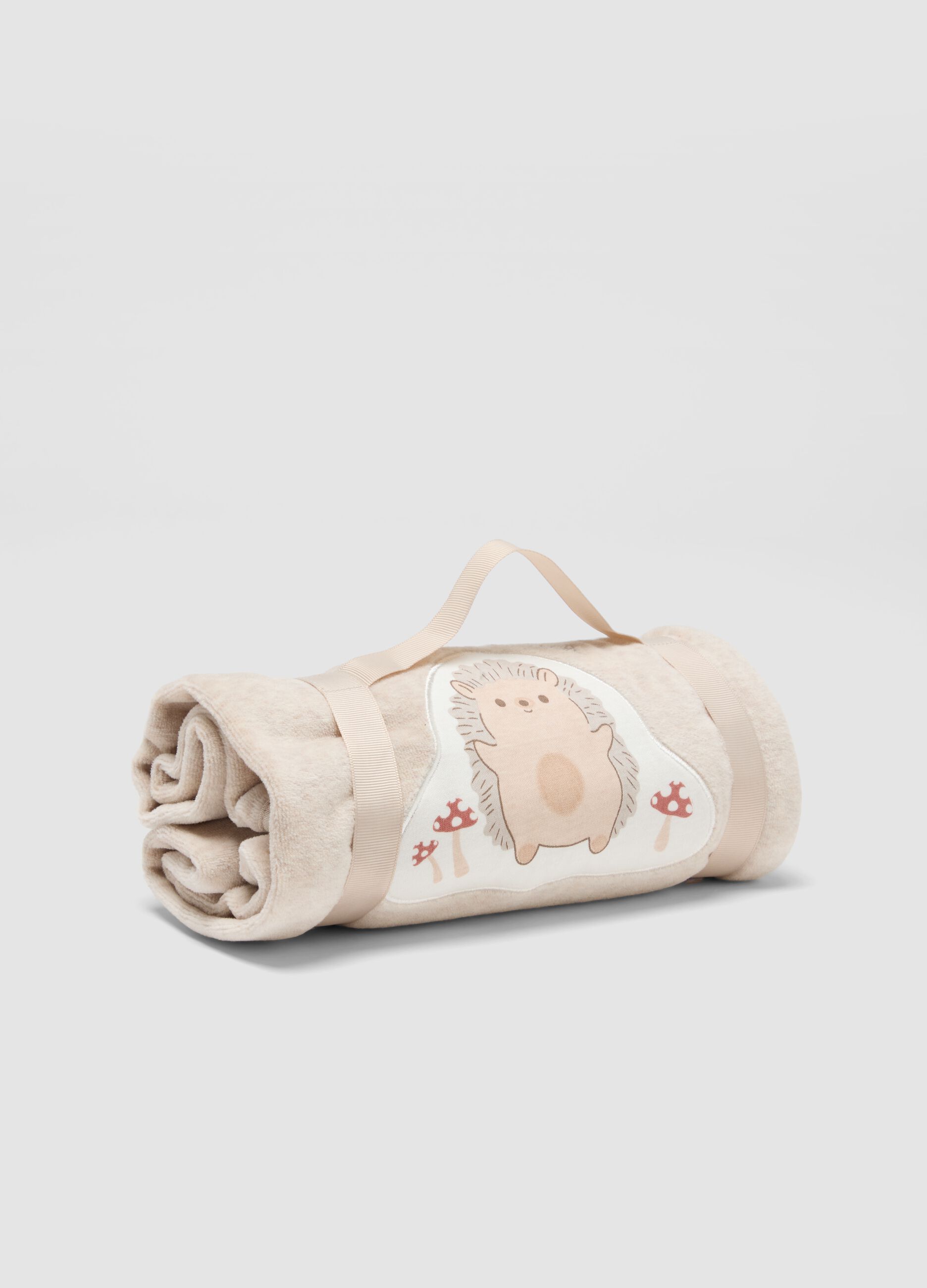 Beige organic cotton-blend baby blanket with hedgehog embroidery
