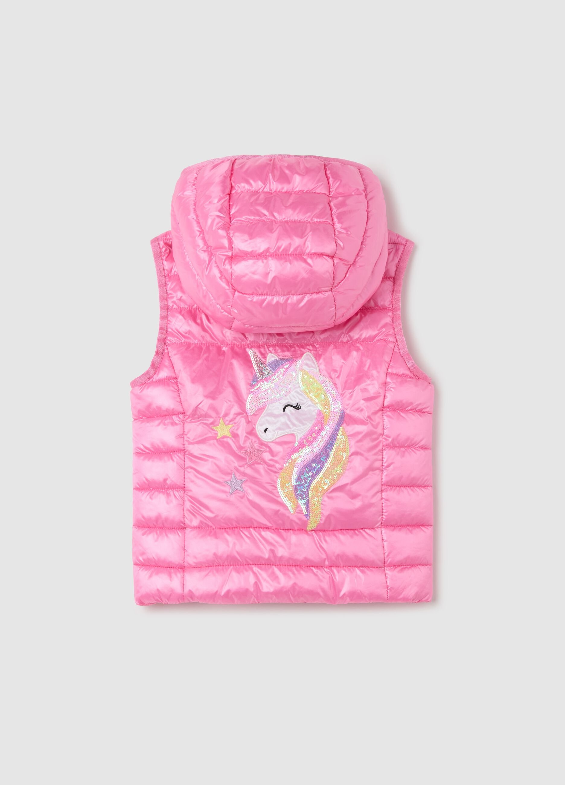 Pink gilet with hood and unicorn