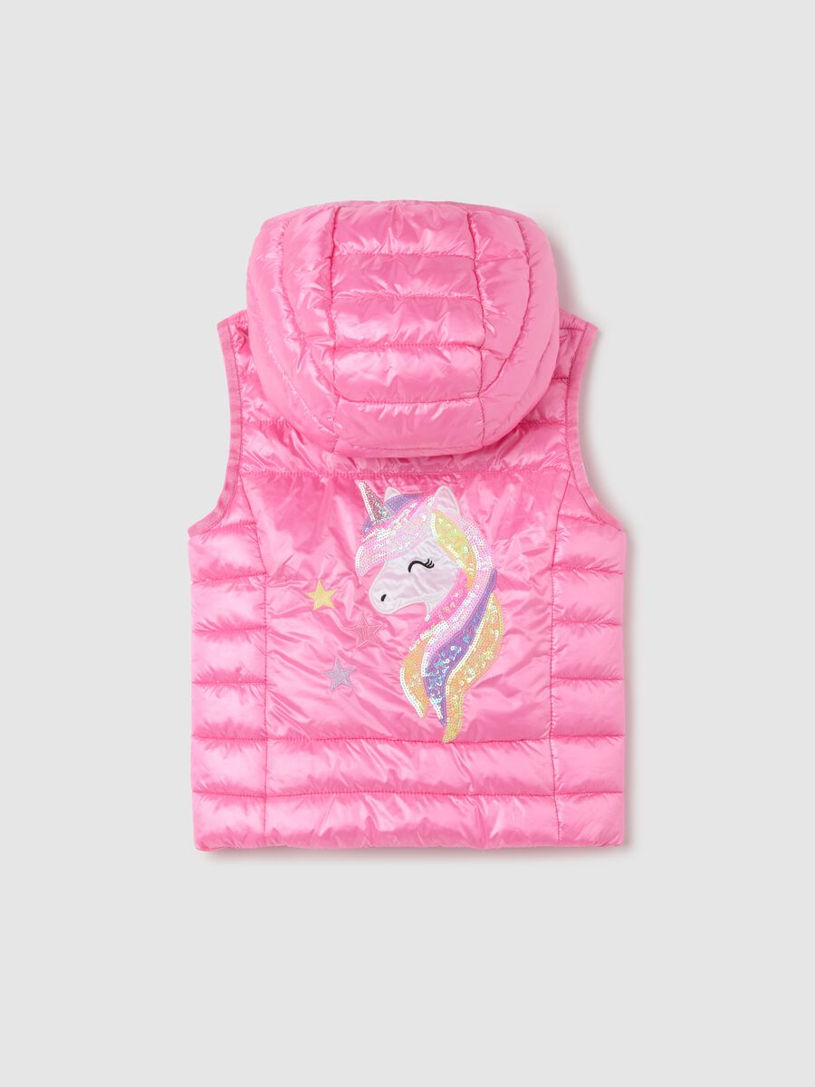 Pink gilet with hood and unicorn_1