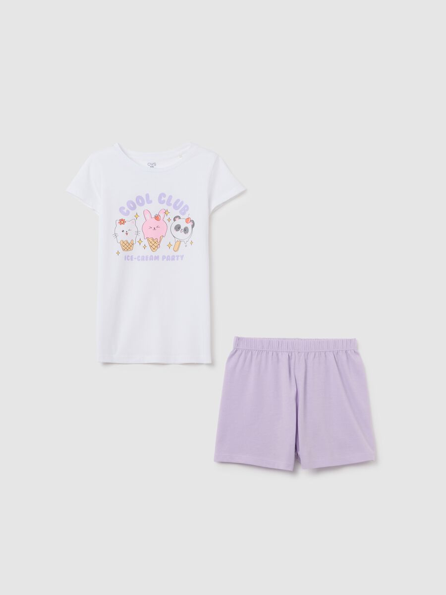 Pigiama corto da bambina in puro cotone bianco e lilla regular fit con stampa _0