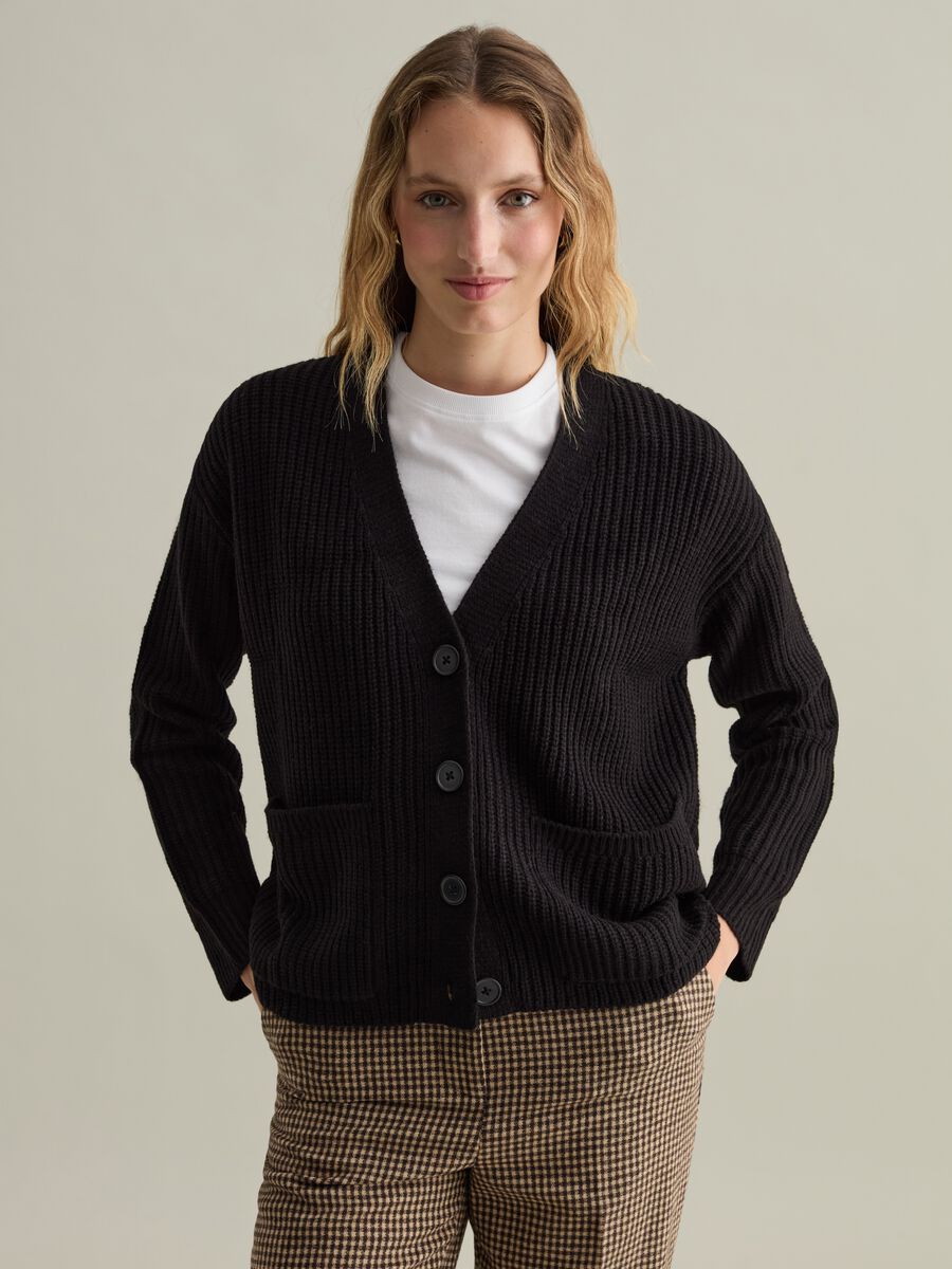 Ribbed oversized cardigan with V neck_0