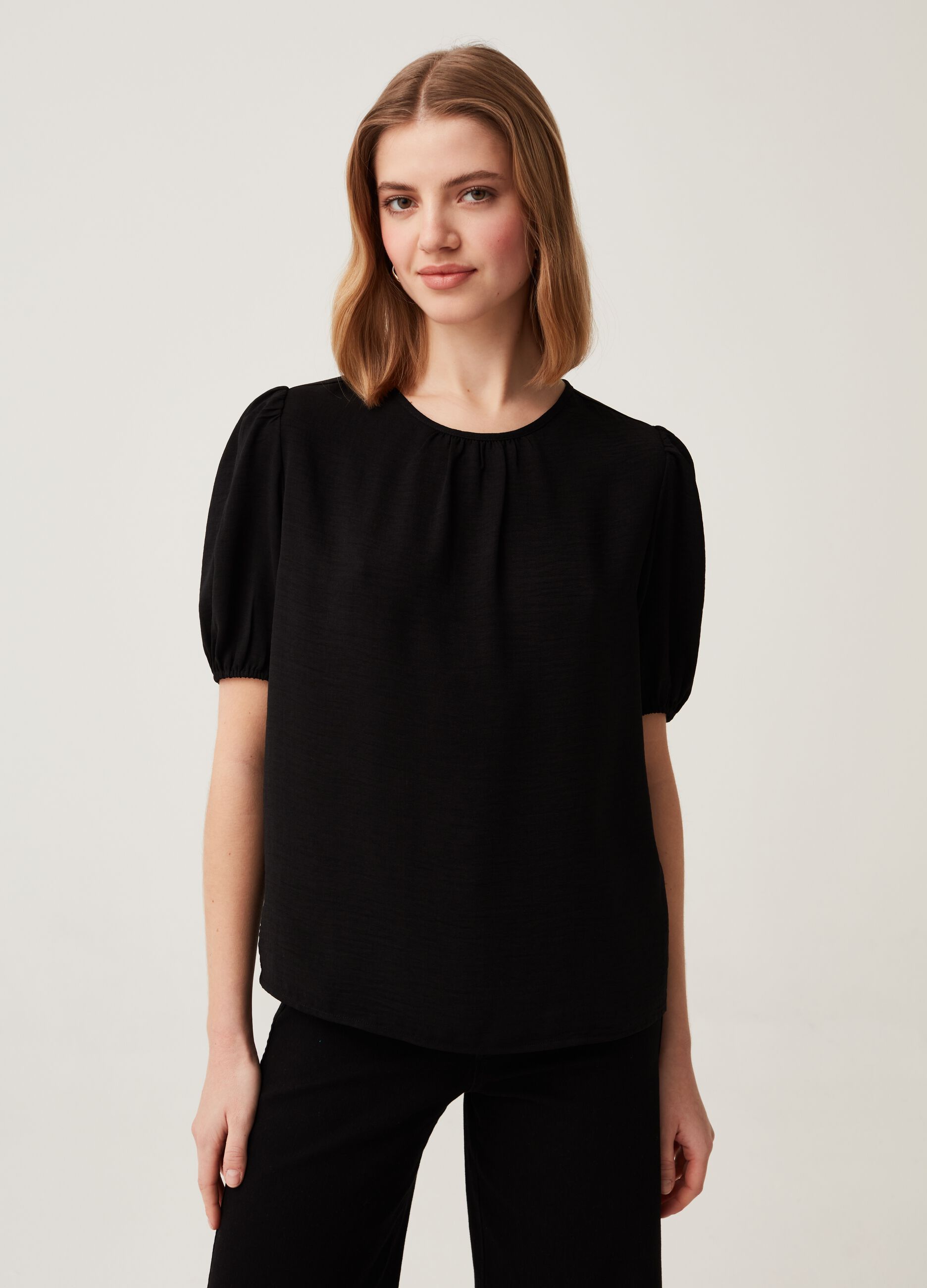 Cotton crêpe blouse with puff sleeves