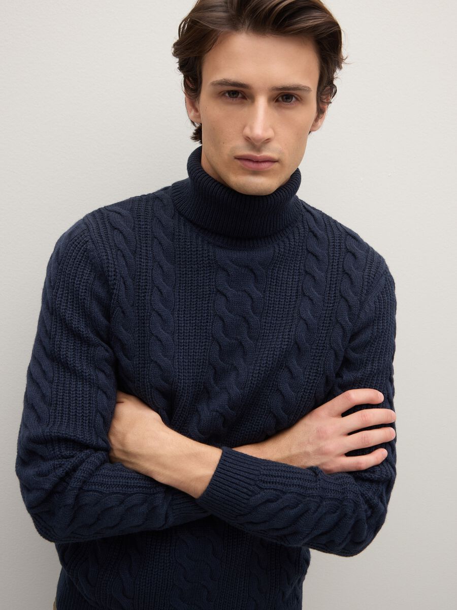 Blue high-neck sweater with regular fit and jacquard pattern_0