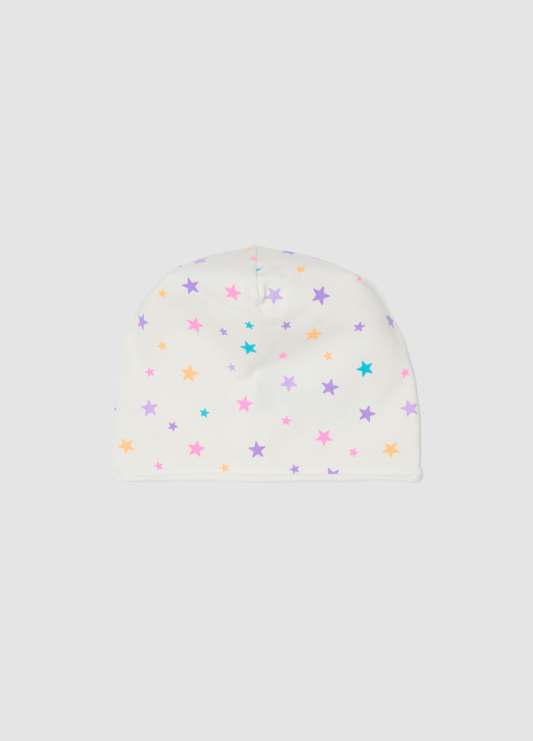 White stretch cotton hat with star print for girls