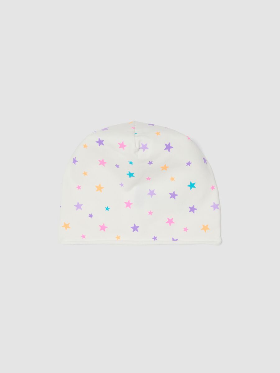 Cappello bianco in cotone elasticizzato con stampa stelle per bambina_0