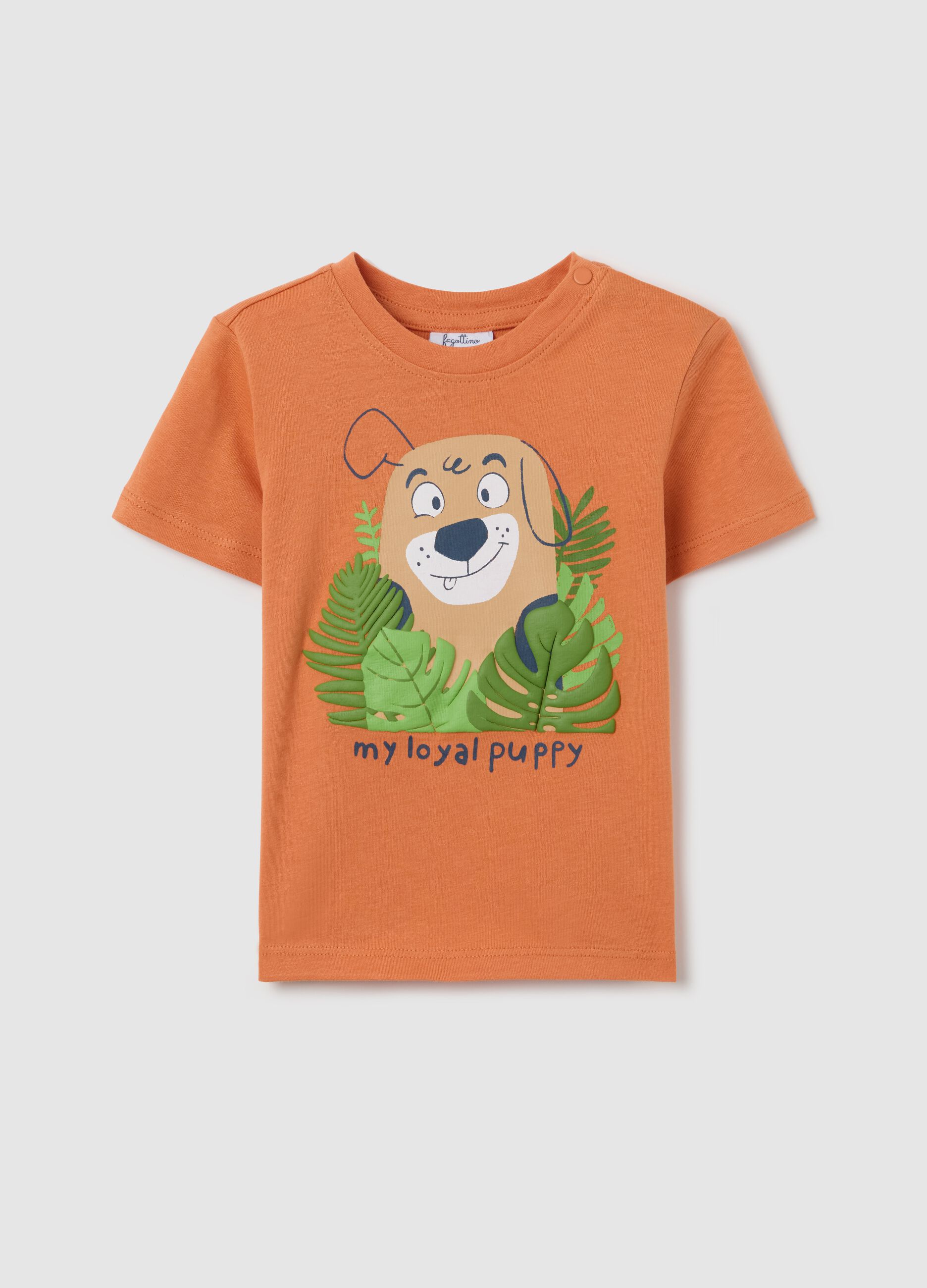 Orange cotton T-shirt with puppy print