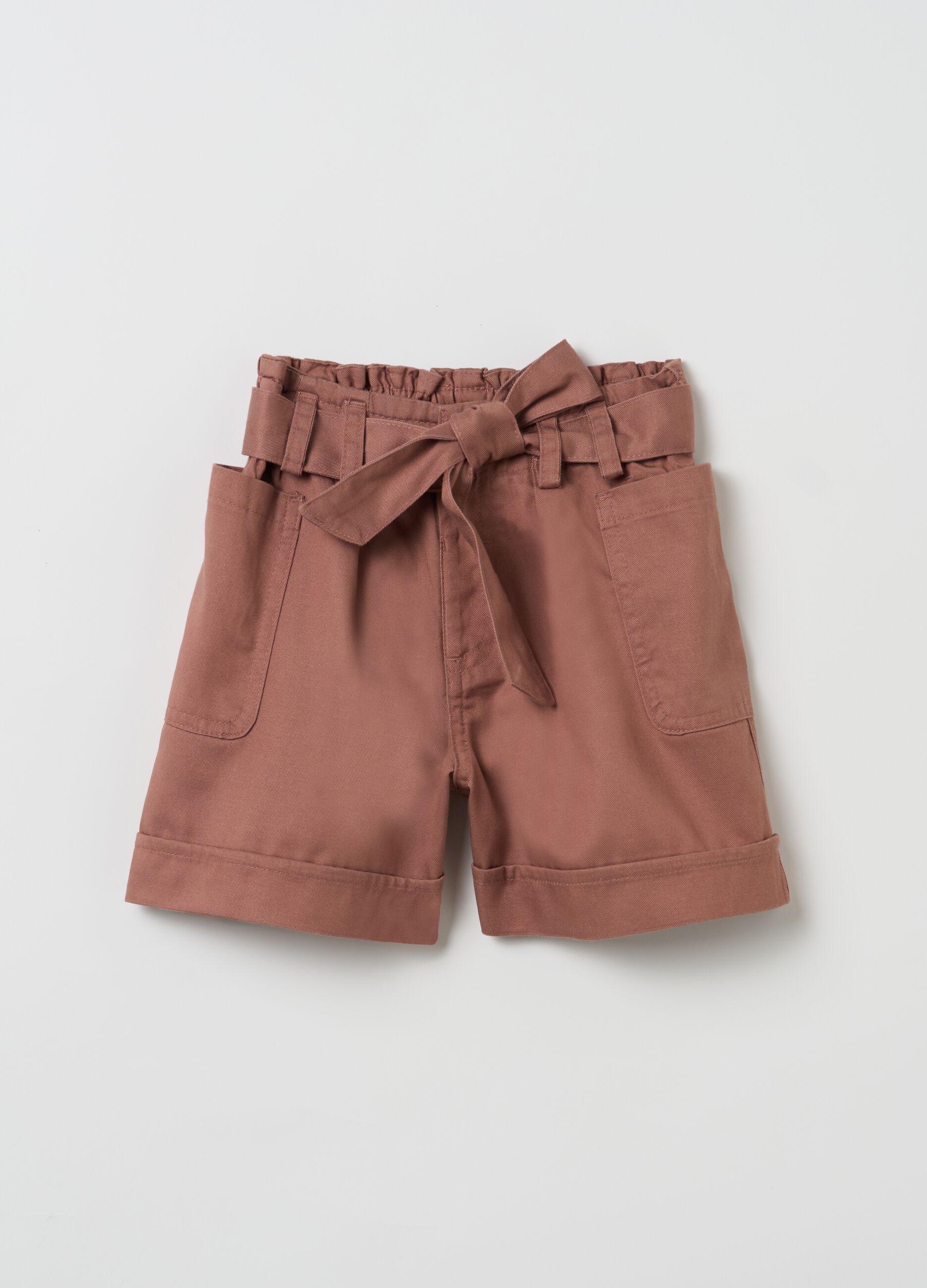 Brown regular fit girl shorts in lyocell and cotton