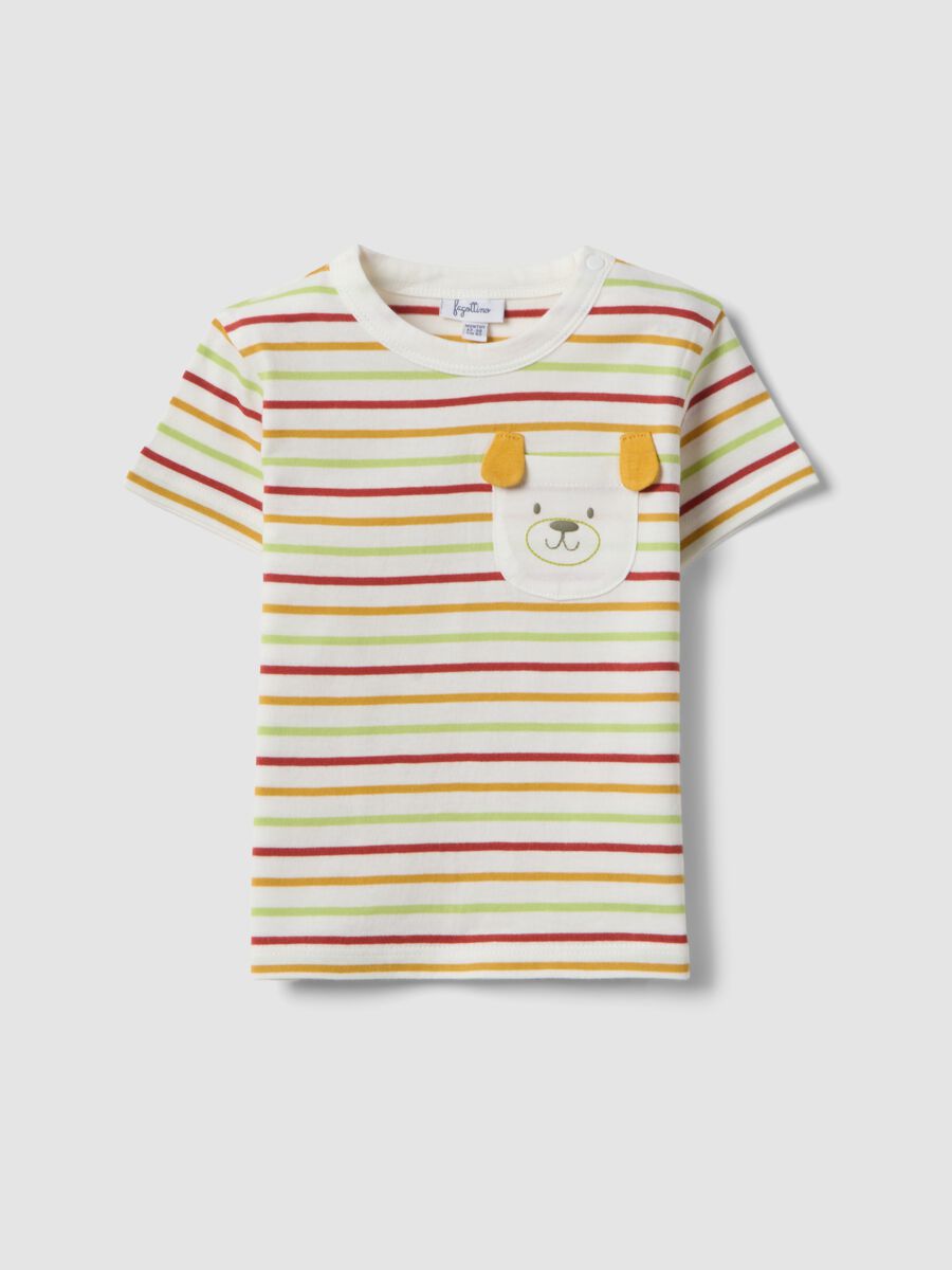 T-shirt in puro cotone a righe multicolor da bimbo con tasca cane_0
