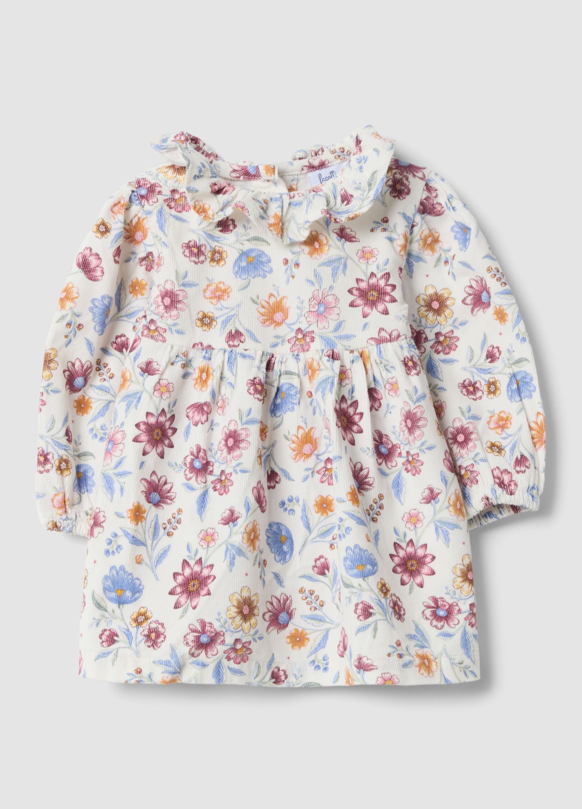 White crew-neck dress in pure organic cotton with floral print