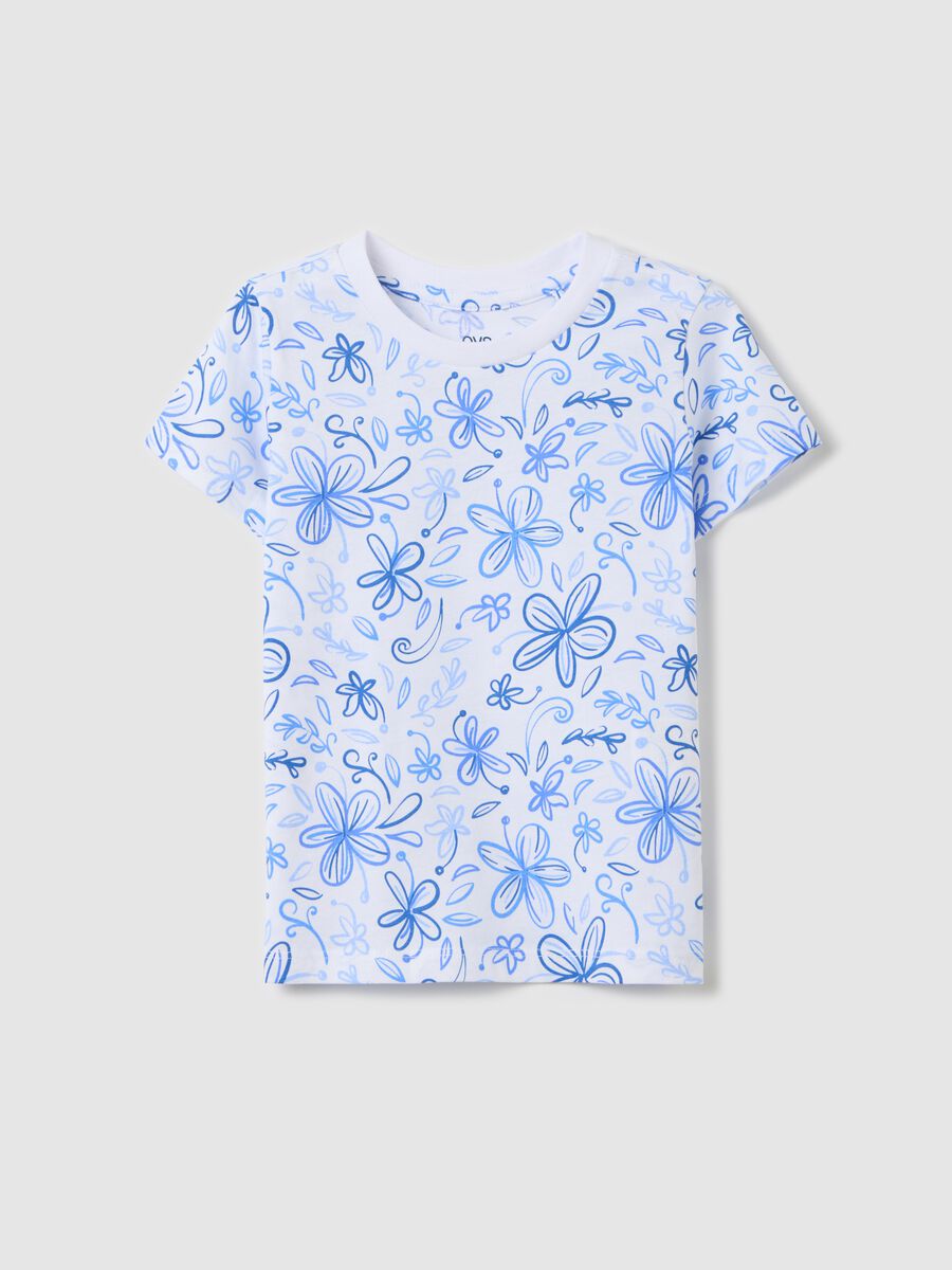 White organic cotton T-shirt with flowers print_0