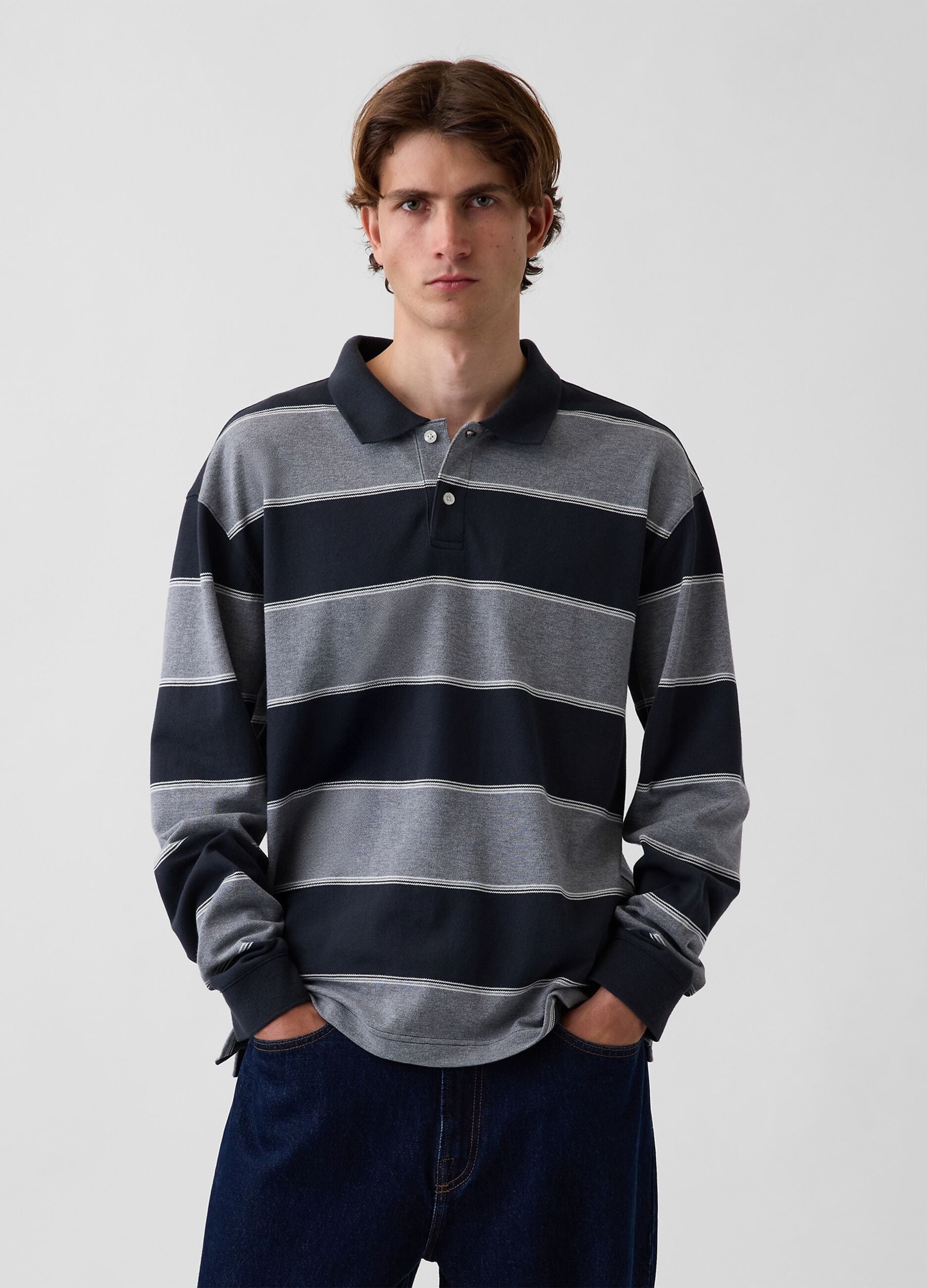 Light grey striped stretch cotton polo