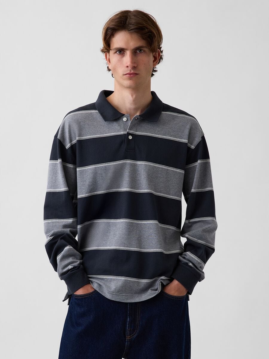 Polo grigio chiaro in cotone elasticizzato a righe_0