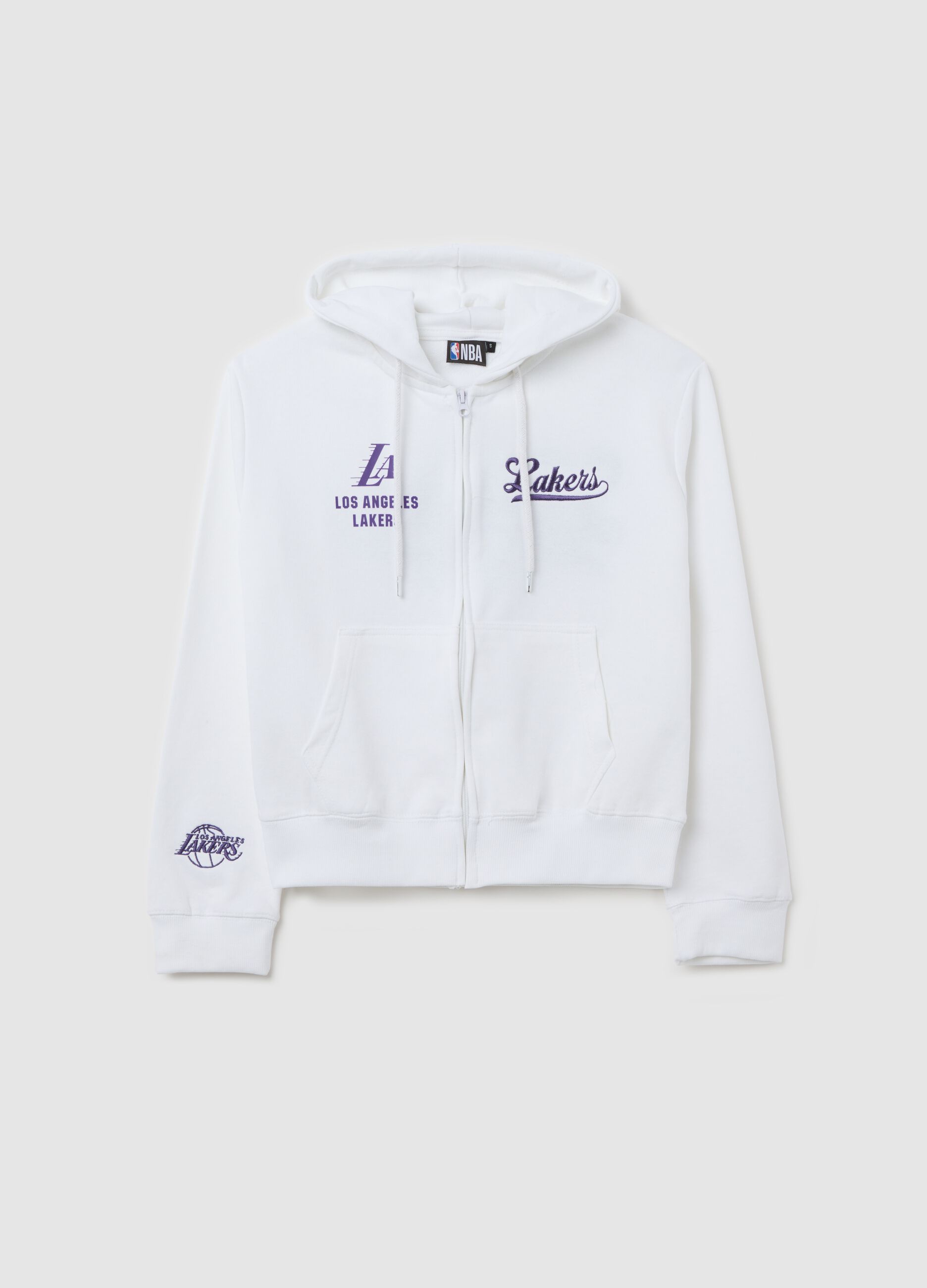 White full-zip sweatshirt with hood and NBA Los Angeles Lakers embroidery